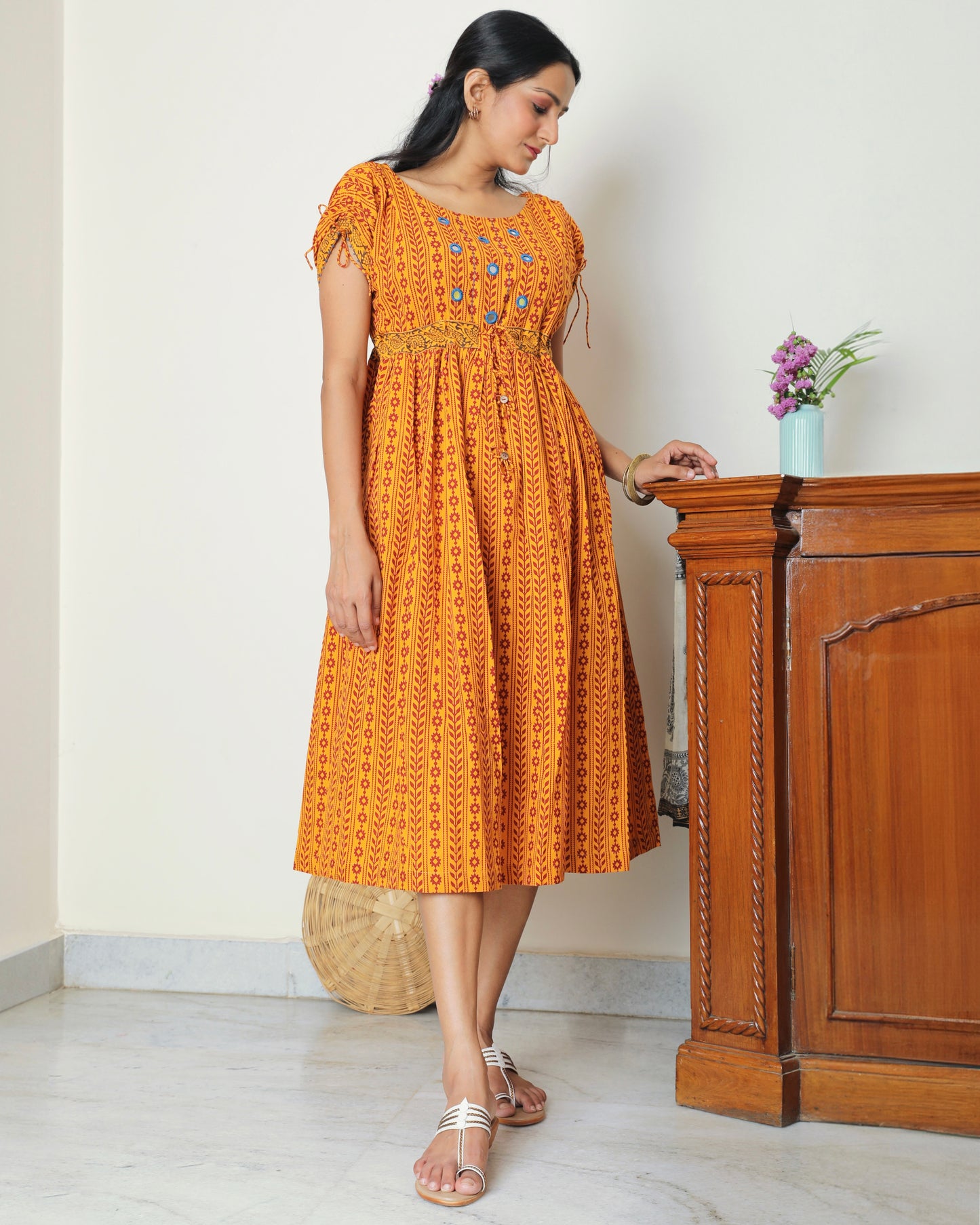 Yellow Bagh print midi dress from Bebaak