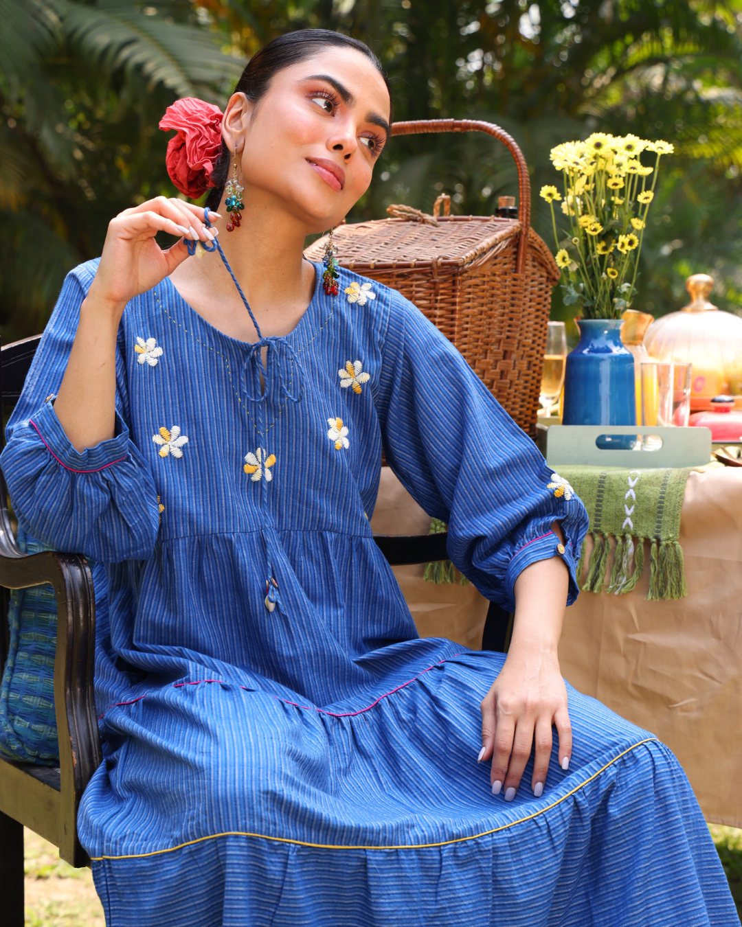 Shop Blue embroidered flared dress with pocket online at bebaakstudio.com