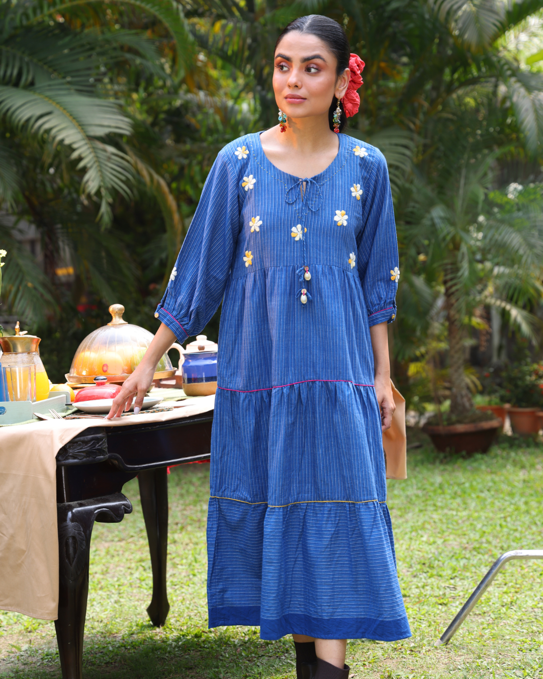 Shop Blue embroidered flared dress with pocket online at bebaakstudio.com