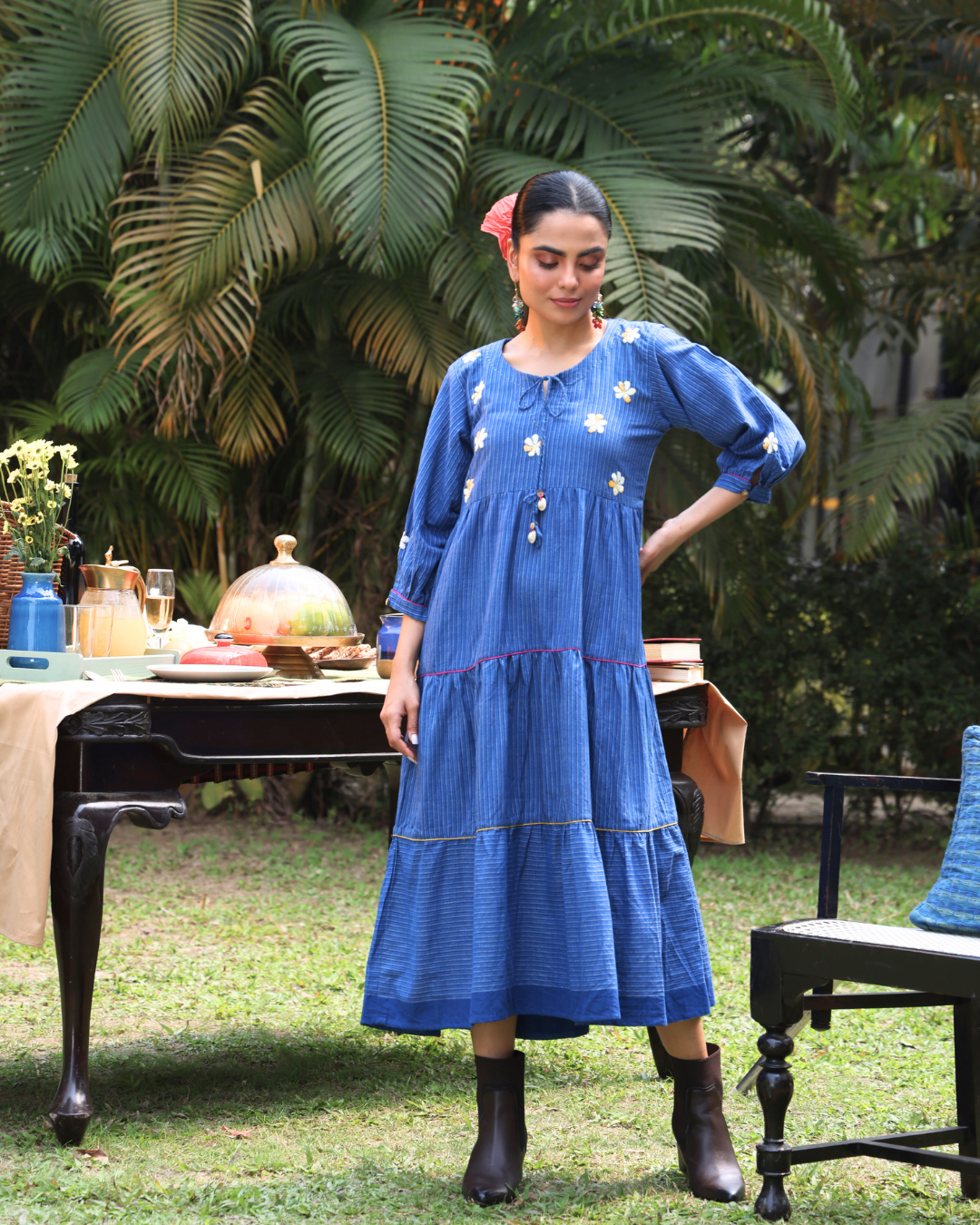 Shop Blue embroidered flared dress with pocket online at bebaakstudio.com