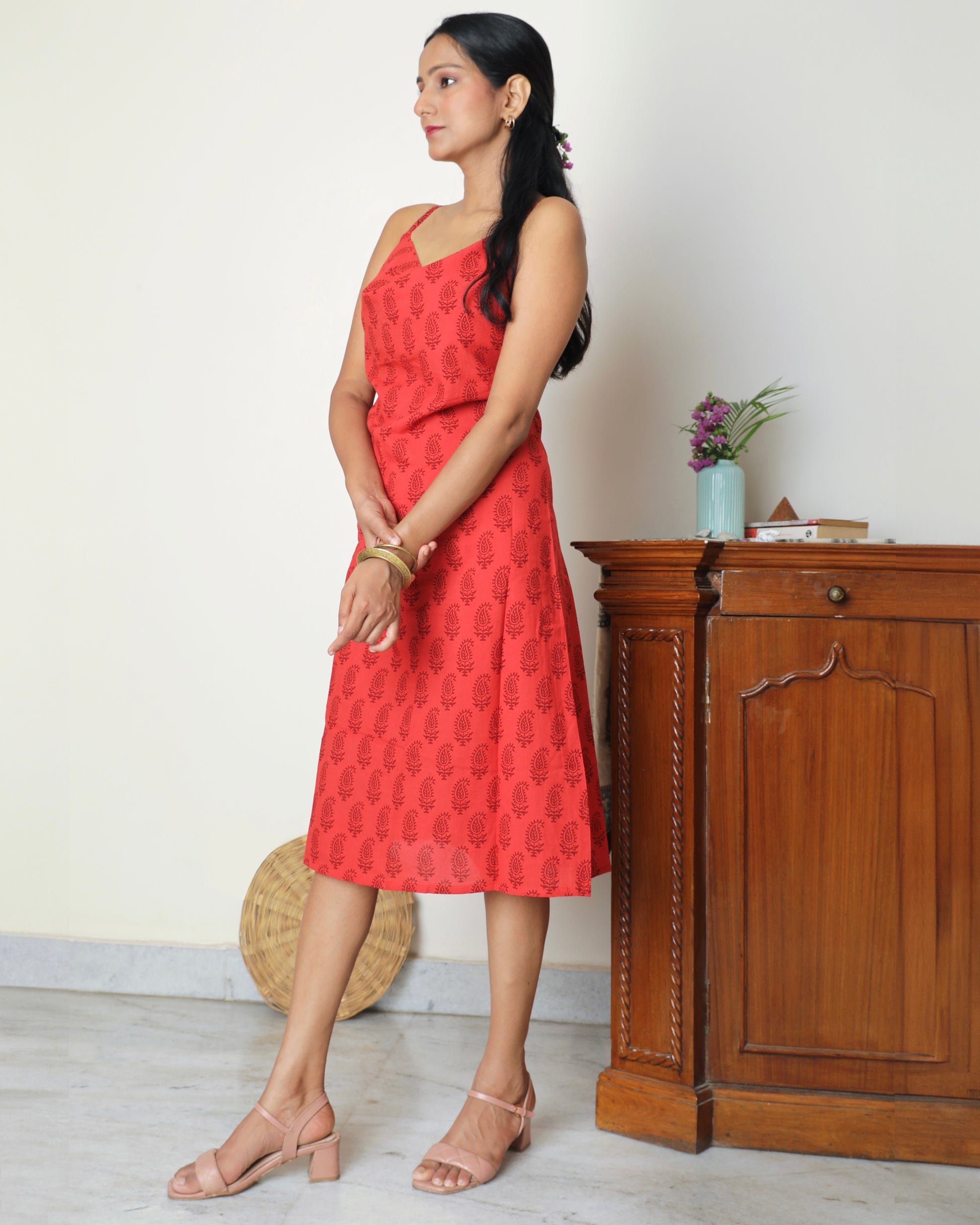 Red bagh block print casual dress online at bebaakstudio.com