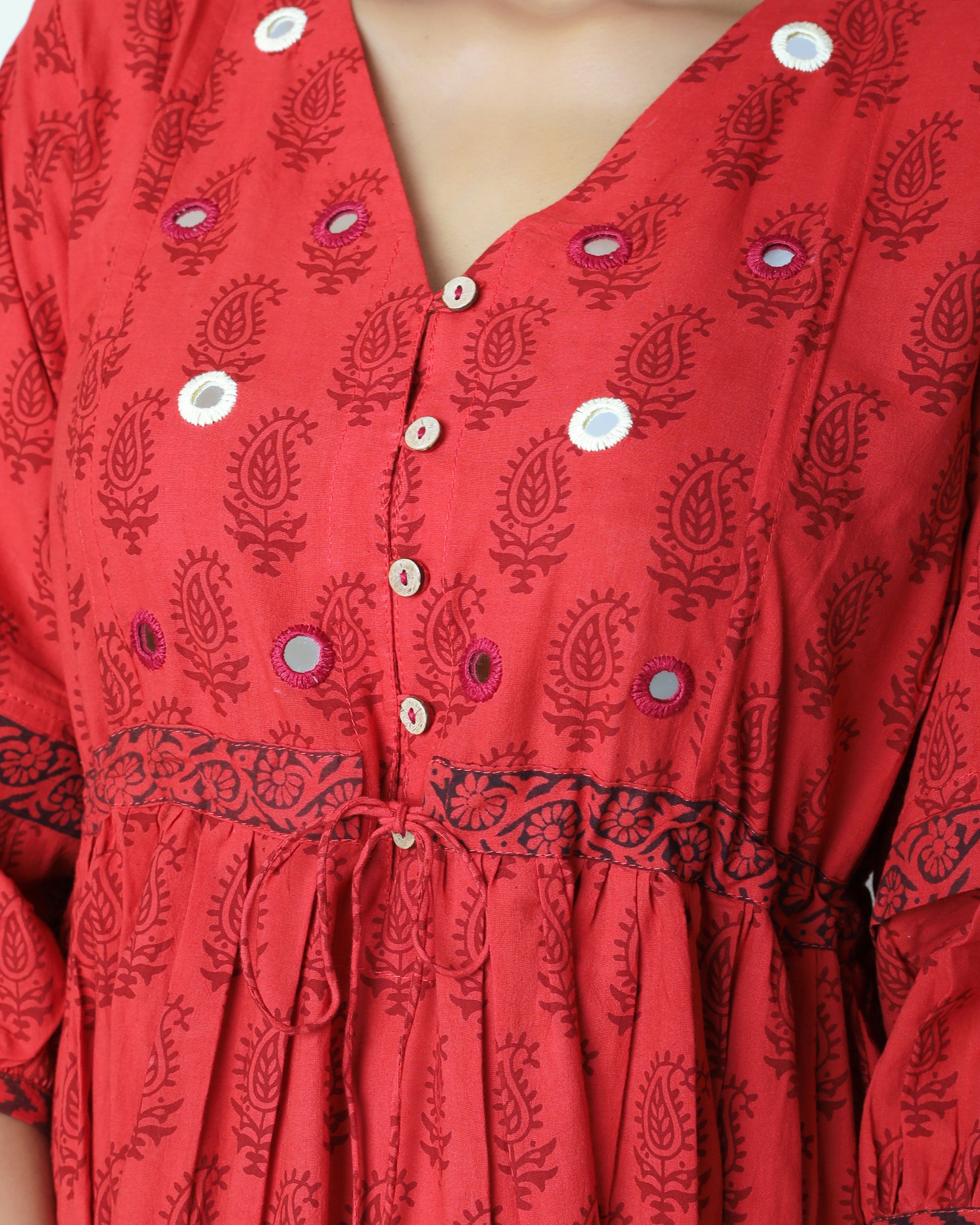 Red bagh print cotton maxi dress online at bebaakstudio.com