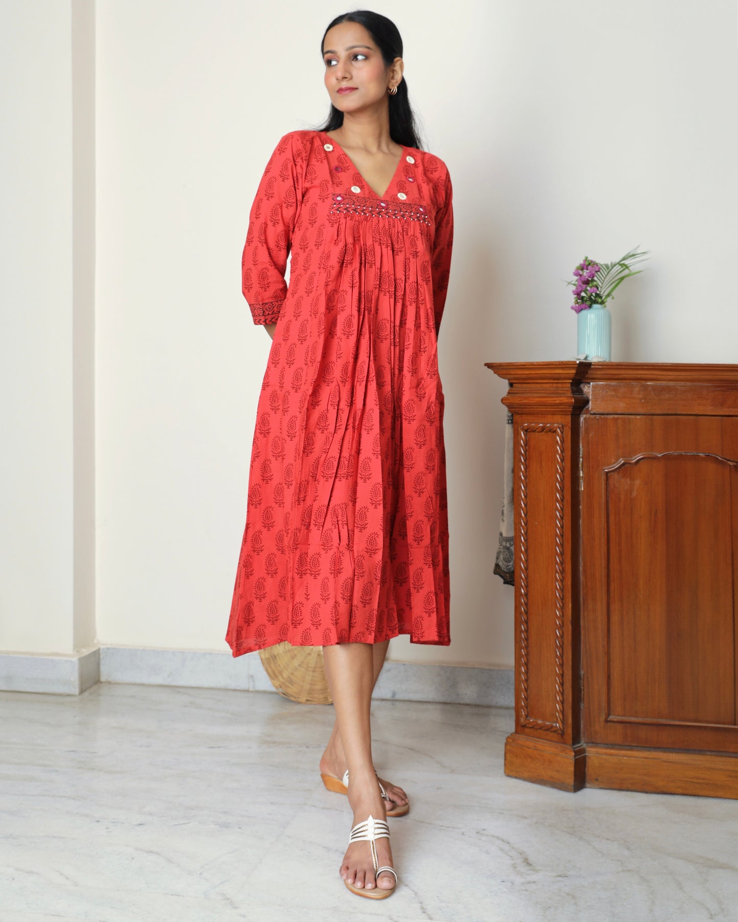 Red gathered bagh block print dress online at bebaakstudio.com
