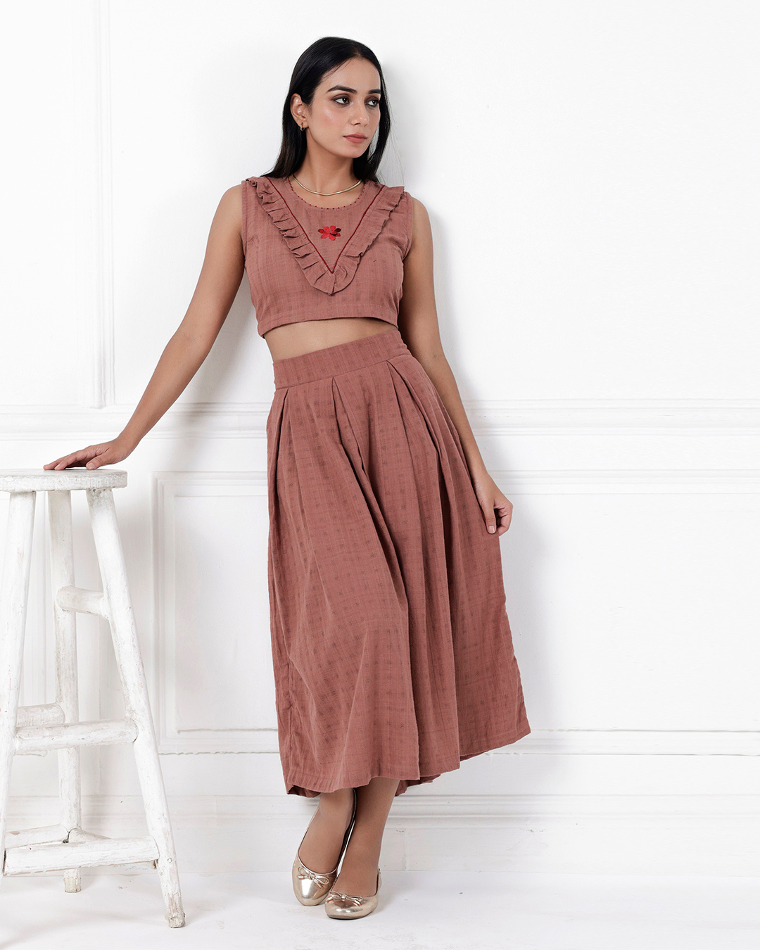 Brown box pleat cotton skirt online available at bebaakstudio.com