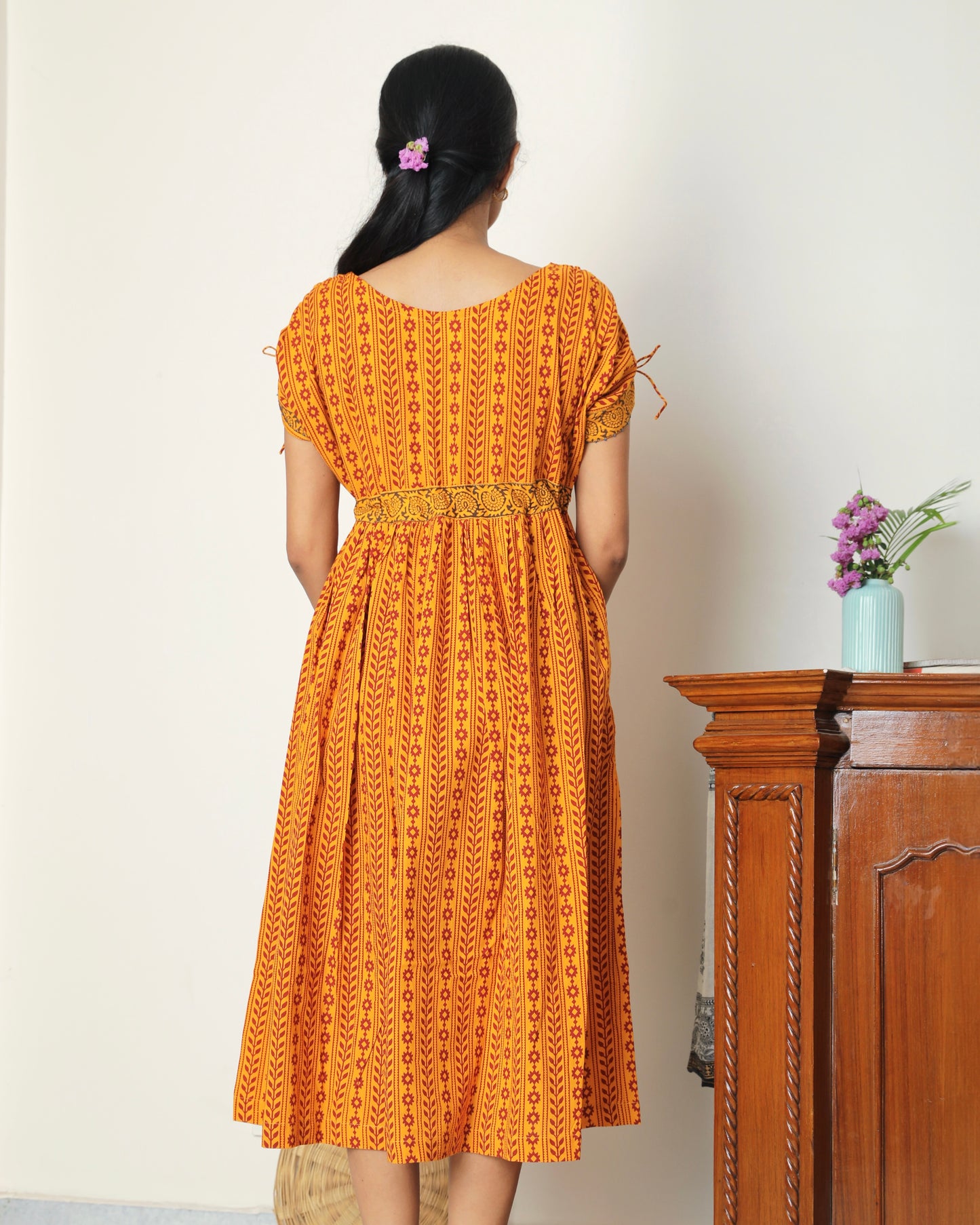 Yellow Bagh print midi dress from Bebaak