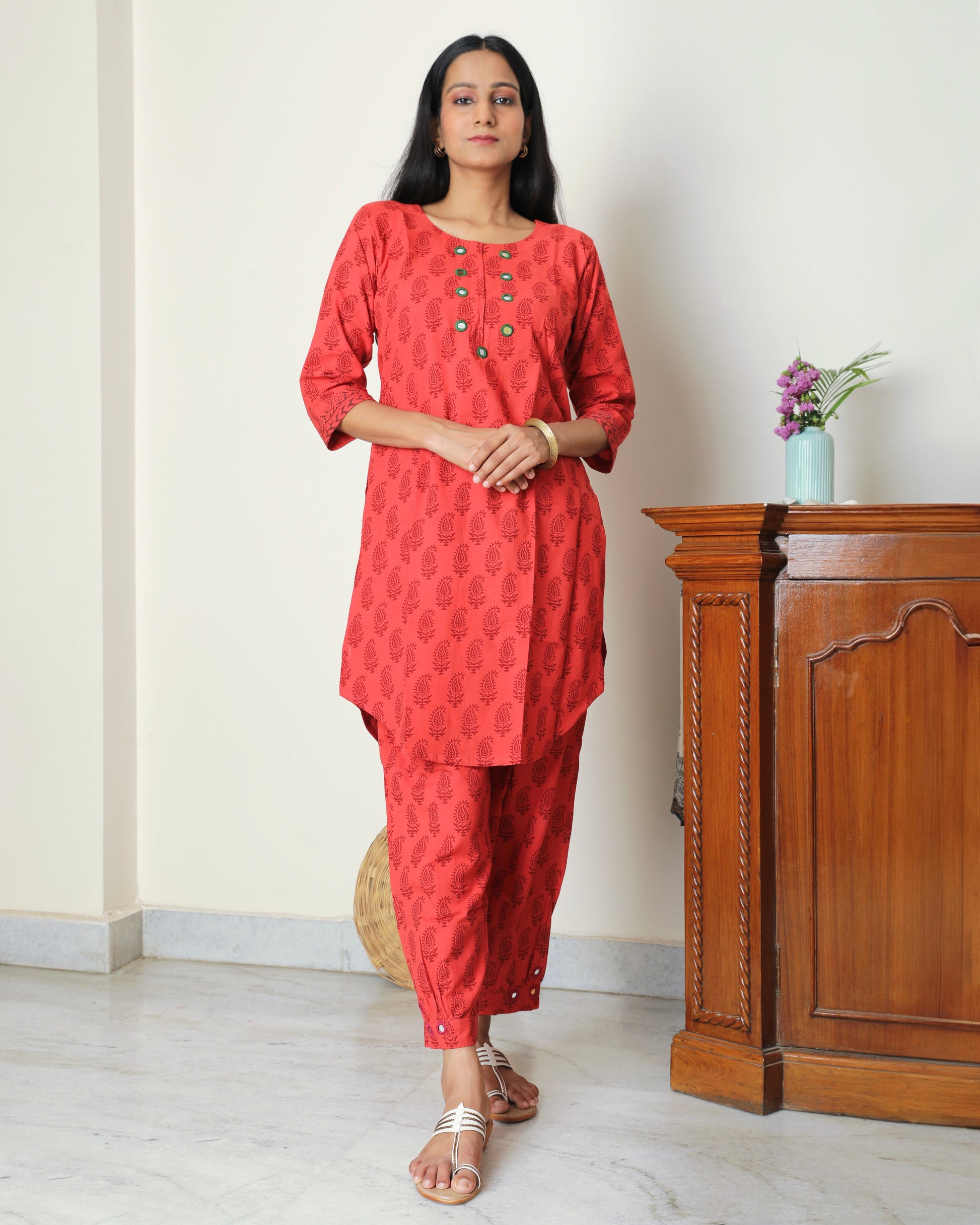 Red Bagh hand block print cotton kurta set