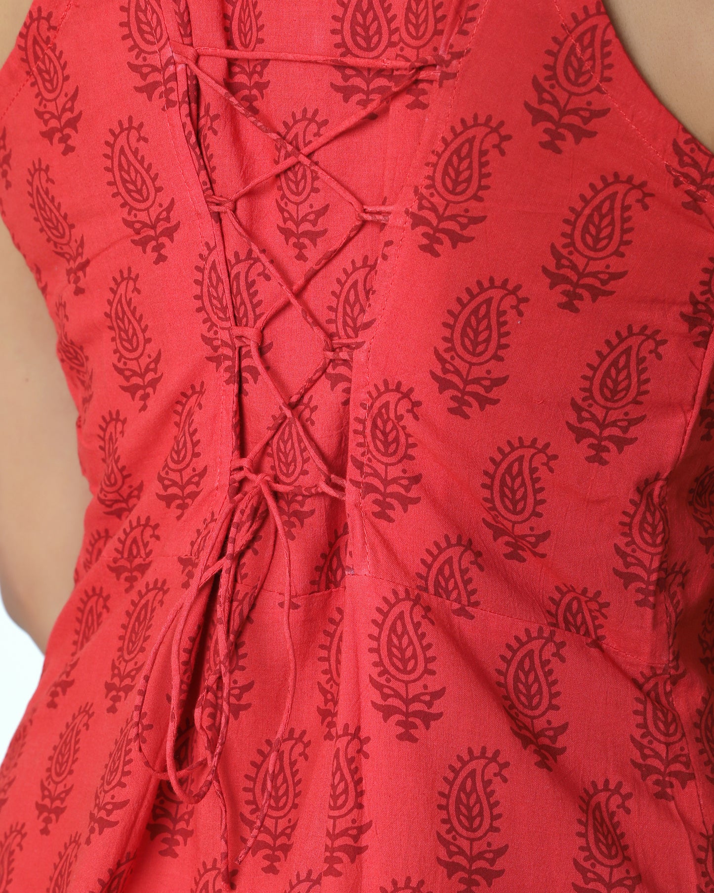 Red bagh block print casual dress online at bebaakstudio.com