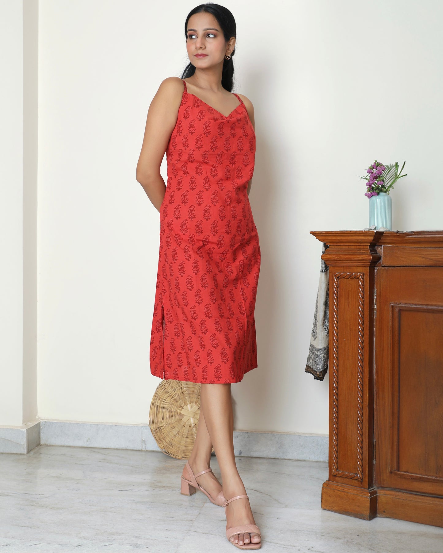 Red bagh block print casual dress online at bebaakstudio.com