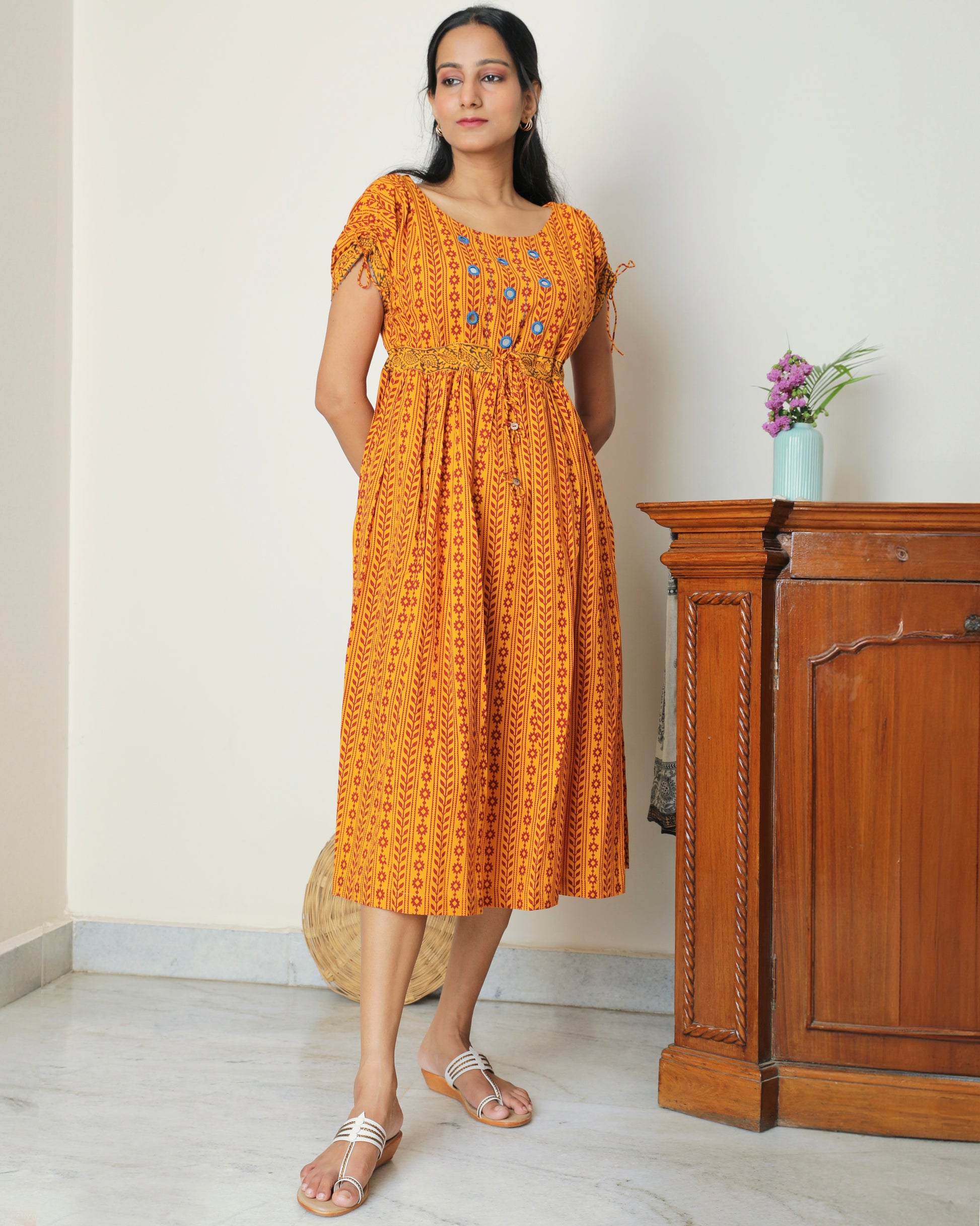 Yellow Bagh print midi dress from Bebaak