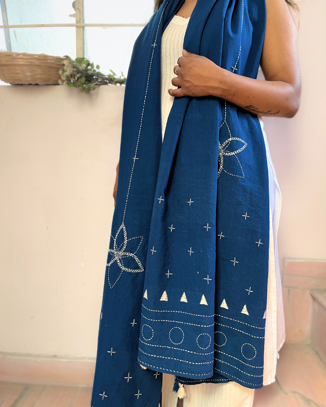 Shop Indigo cotton Kantha Embroidered Dupatta online at bebaakstudio.com