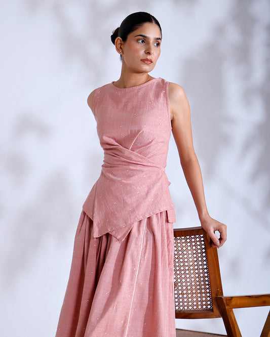 Blush Coral Handwoven Cotton Skirt Set