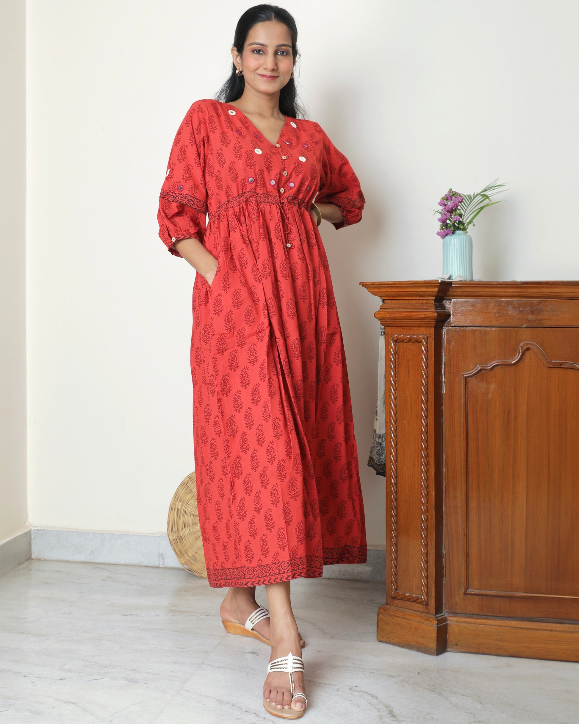 Red bagh print cotton maxi dress online at bebaakstudio.com
