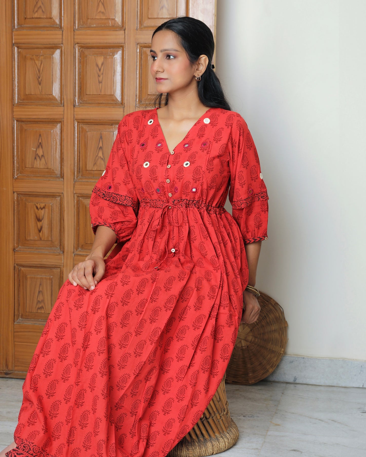 Red bagh print cotton maxi dress online at bebaakstudio.com