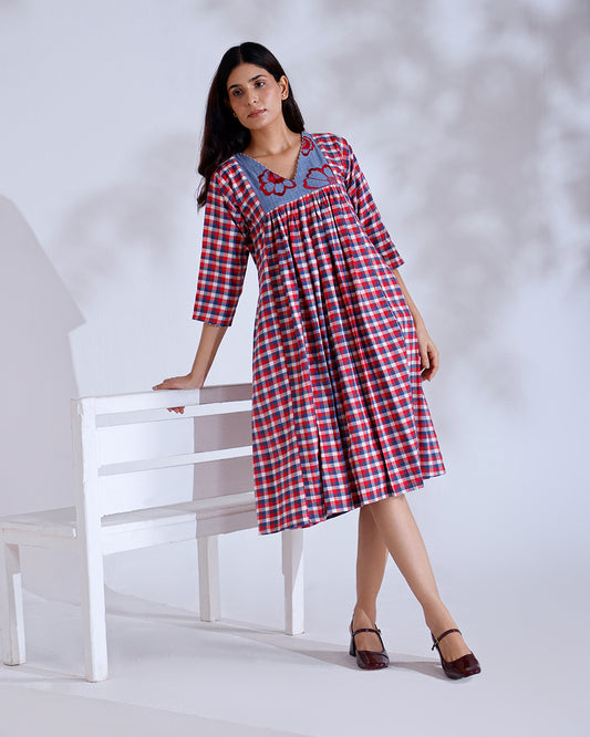 Daisy Red Gingham Handwoven Cotton Flow Dress