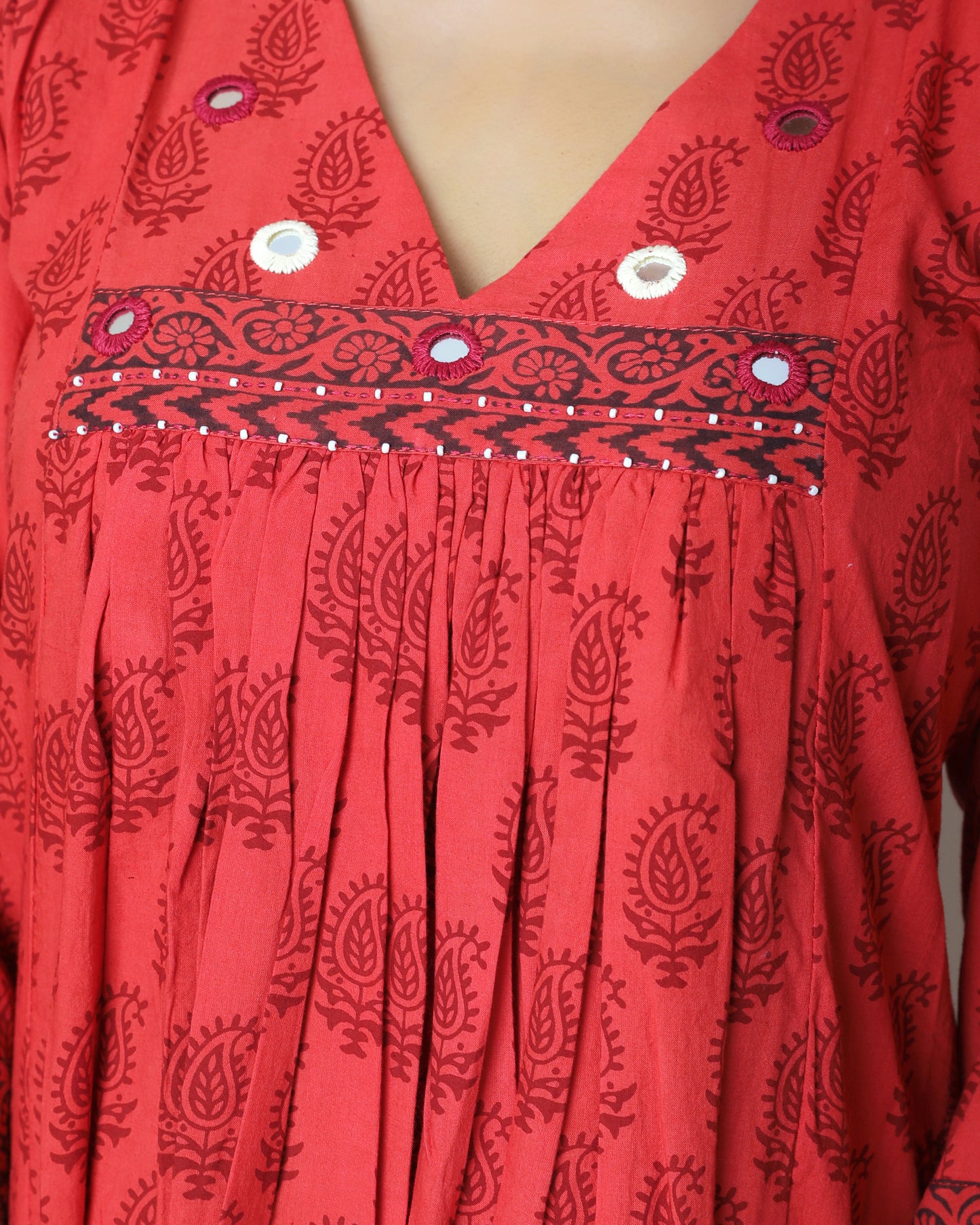 Red gathered bagh block print dress online at bebaakstudio.com