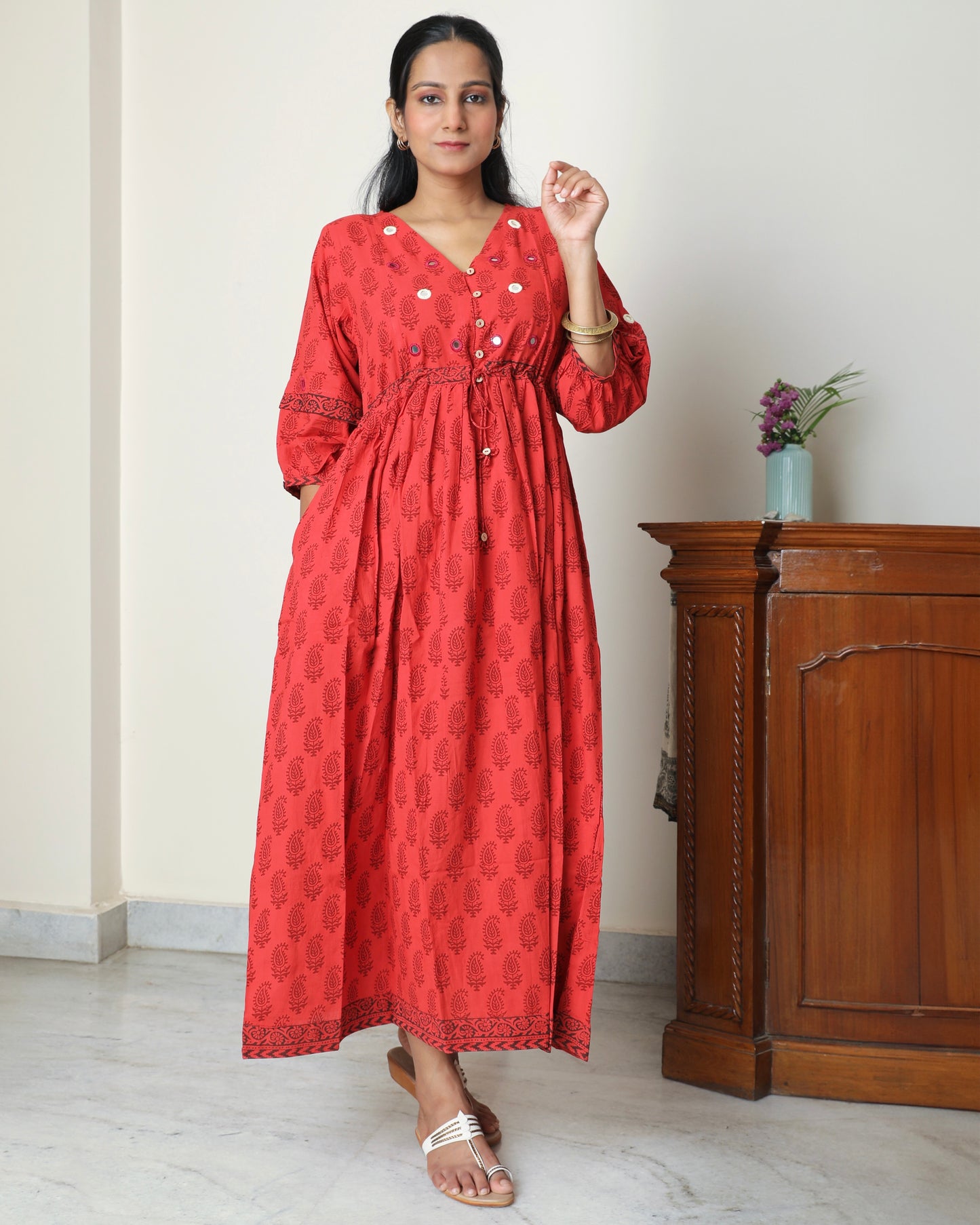 Red bagh print cotton maxi dress online at bebaakstudio.com
