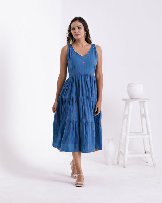 Shop Blue embroidered flared dress online at bebaakstudio.com