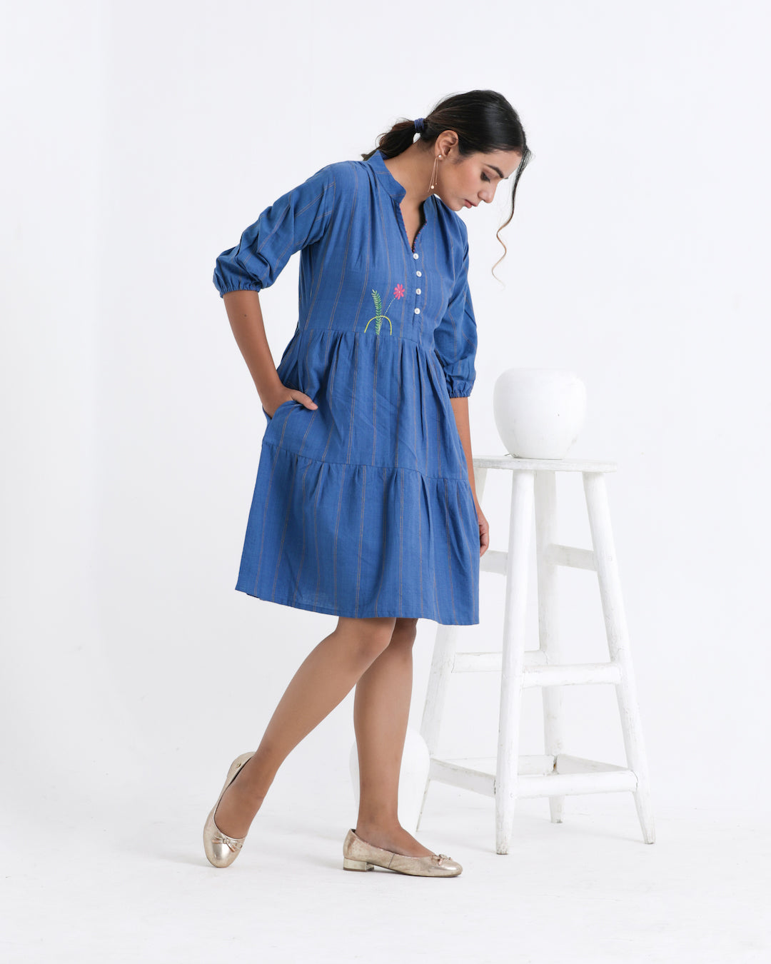 Shop Blue embroidered midi dress online at bebaakstudio.com