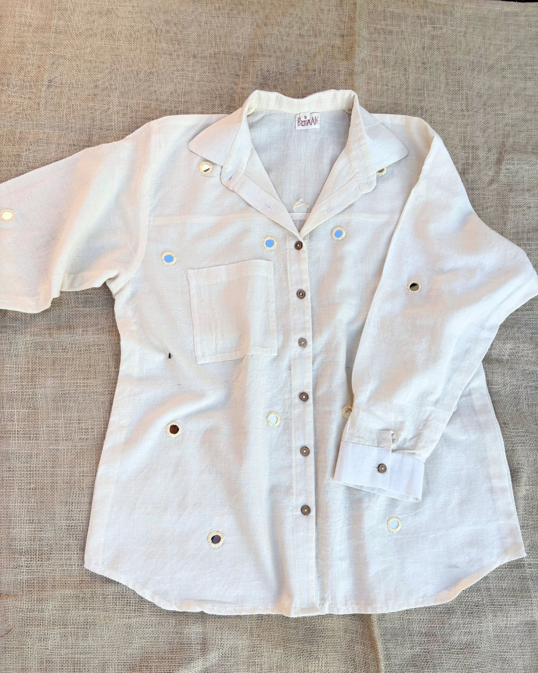 White button-up mirror work muslin shirt