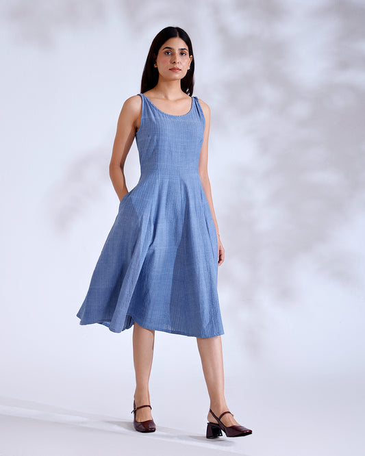 Luna Dusky Blue Handwoven Cotton Midi Dress