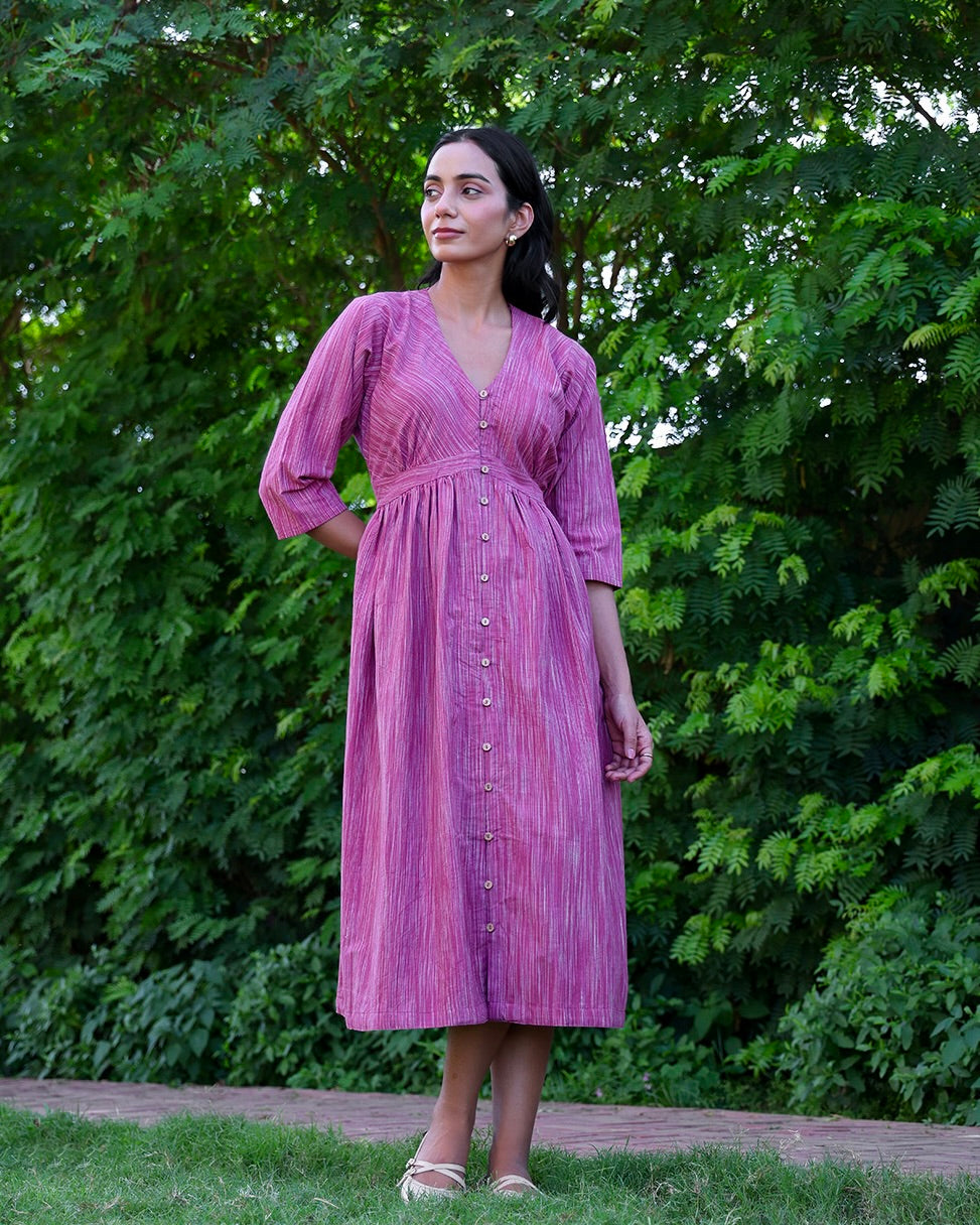 Mauve Button-Down Handwoven cotton Midi Dress