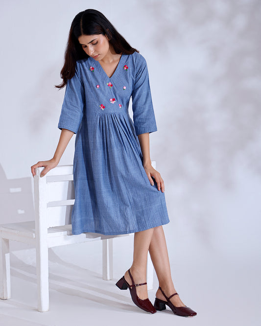 Noorie Dusky Blue Handwoven Cotton Flow Dress