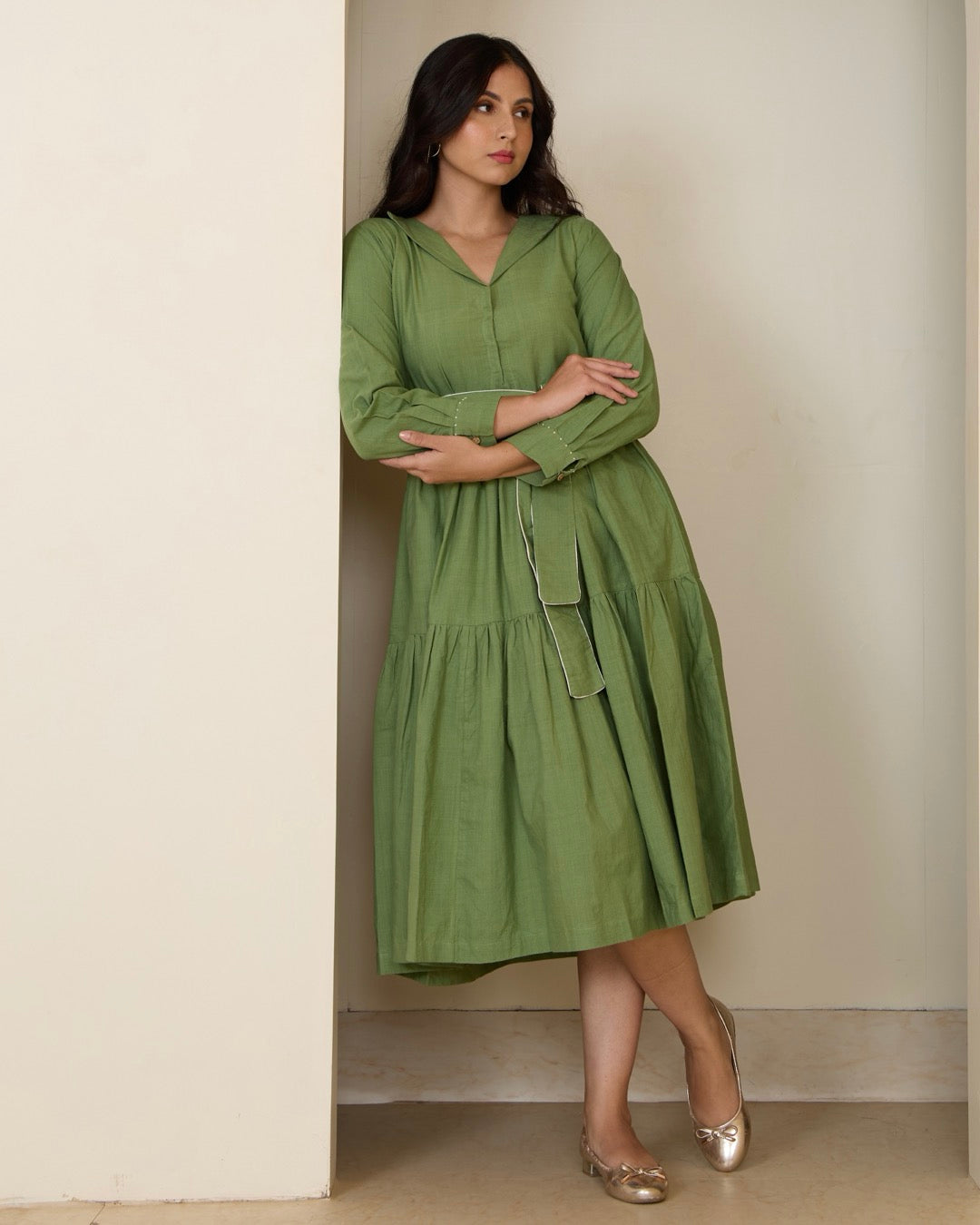 Shop Green midi tier dress with belt online at bebaakstudio.com Bebaak Shop Green midi tier dress with belt online at bebaakstudio.com Bebaak