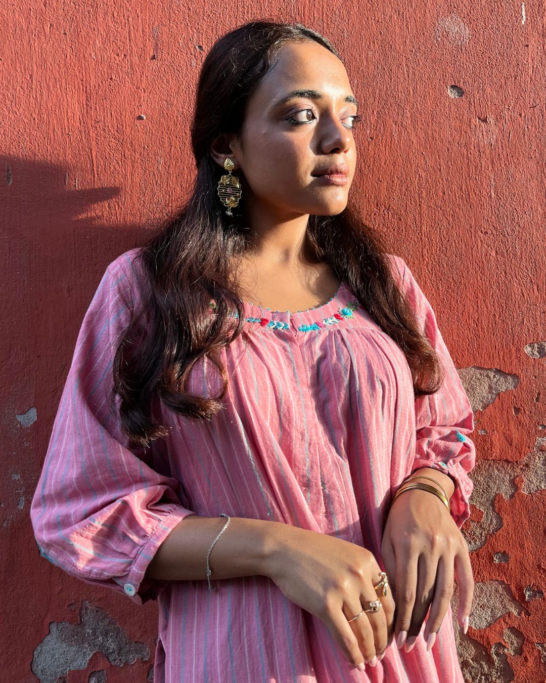 Stripe pink Cotton embroidered tunic set online available at www.bebaakstudio.com