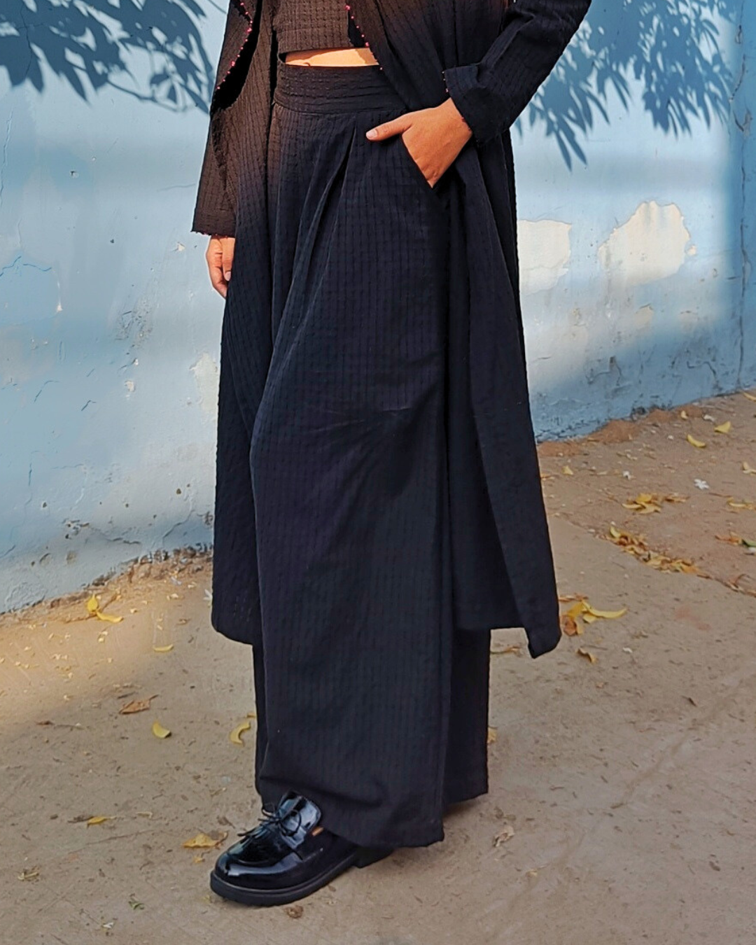 Shop Bottomwear: Black box pleat palazzo online at bebaakstudio.com