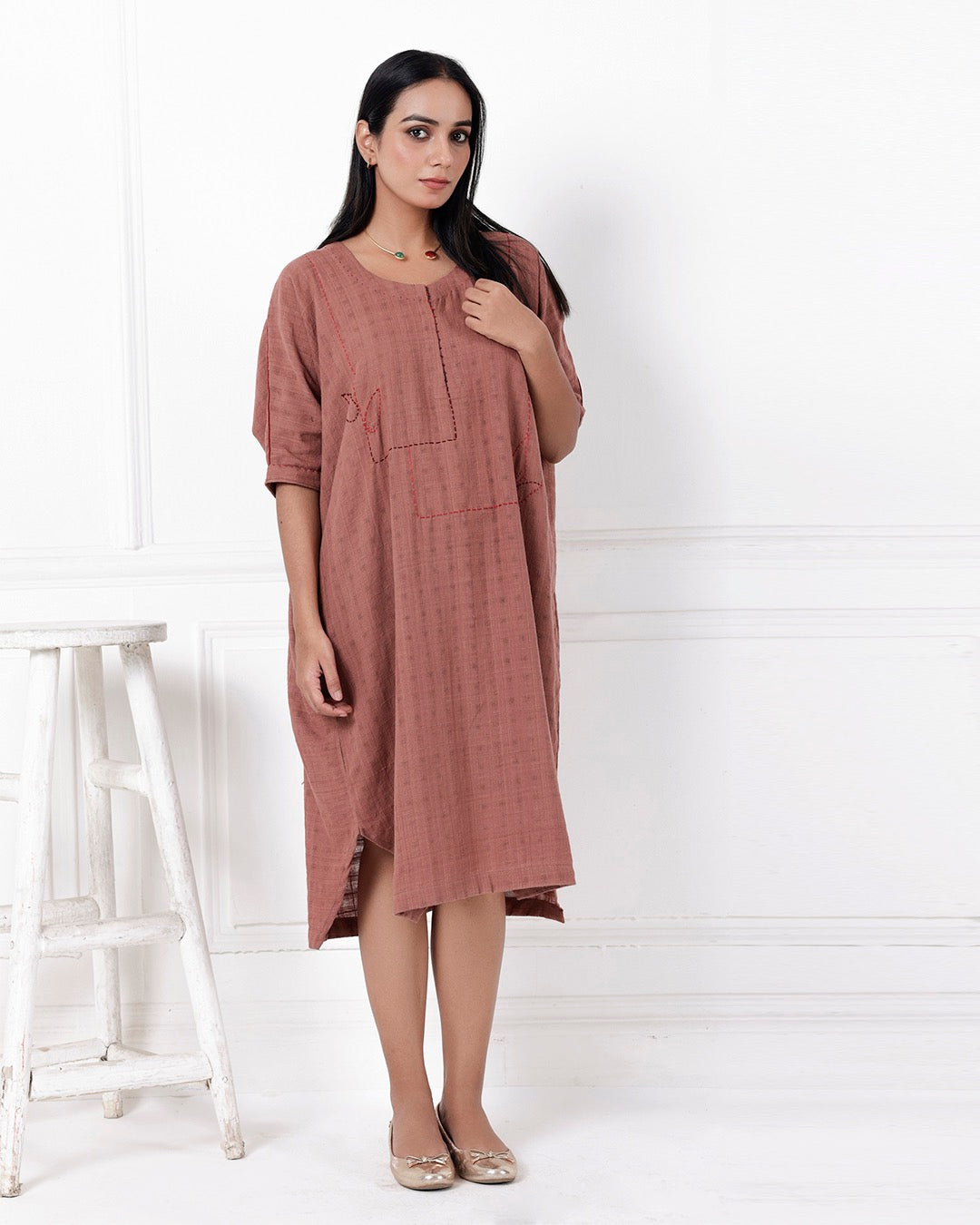 Shop Brown oversized embroidered cotton dress online at bebaakstudio