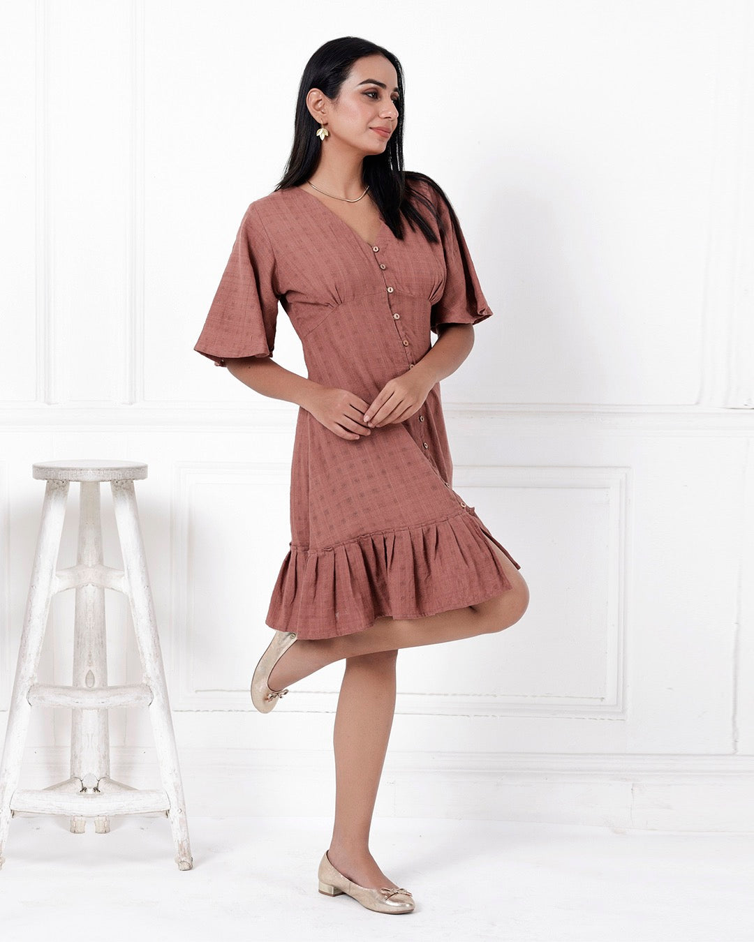 Shop Brown A line casual cotton dress online at bebaakstudio.com