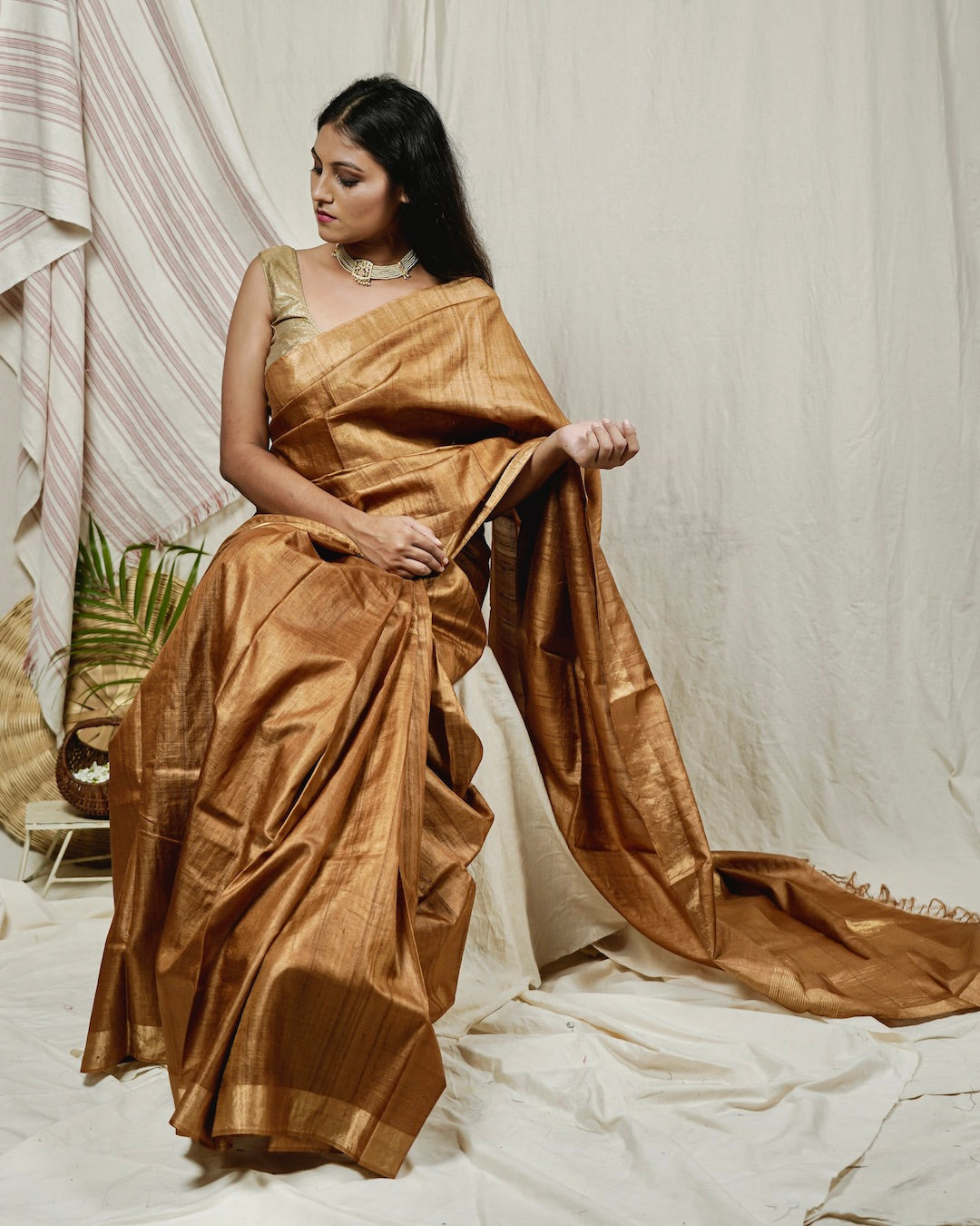 saree: Golden pure kosa silk saree online at bebaakstudio.com