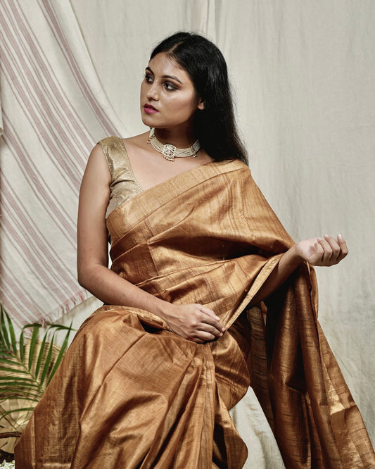 saree: Golden pure kosa silk saree online at bebaakstudio.com