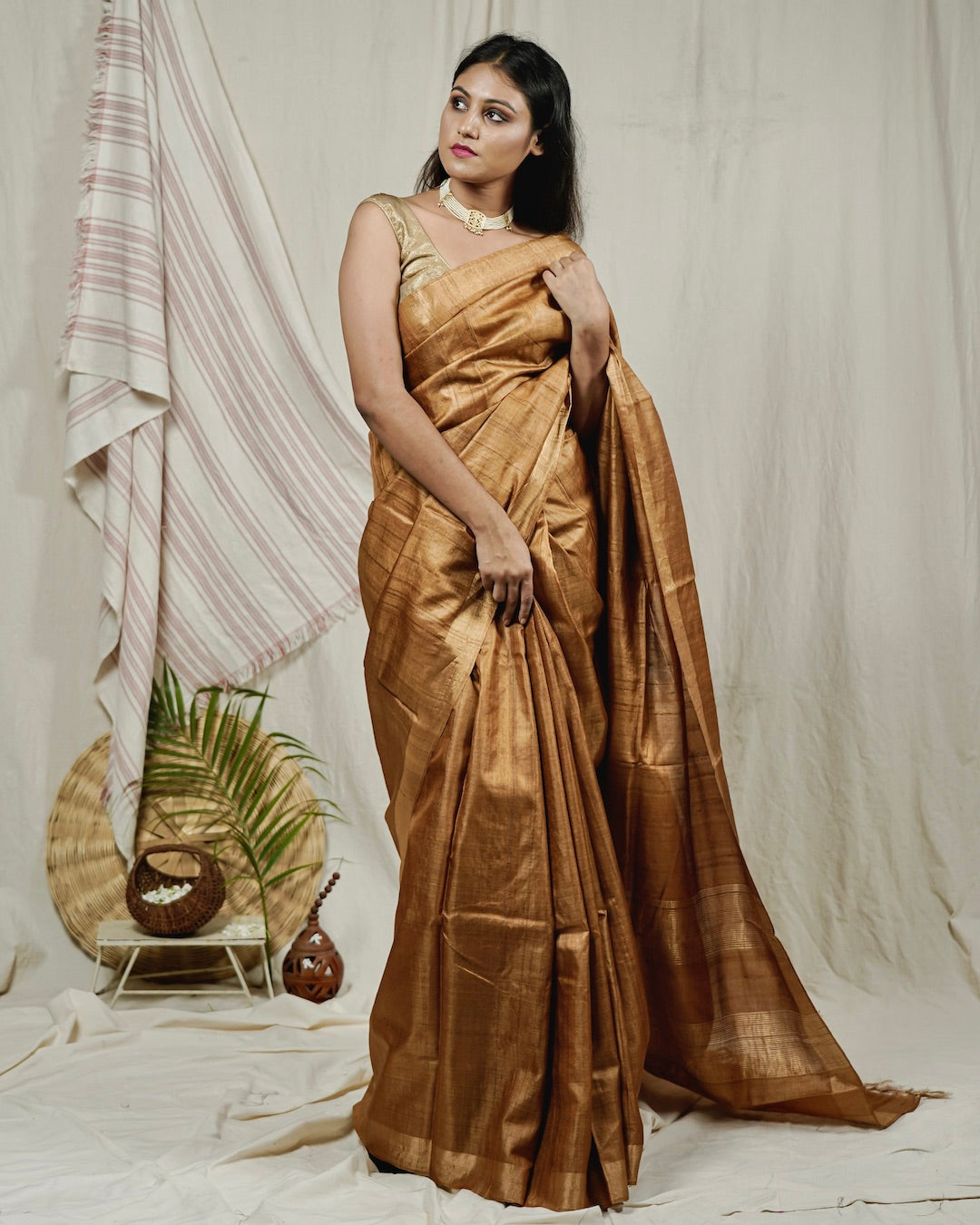 saree: Golden pure kosa silk saree online at bebaakstudio.com