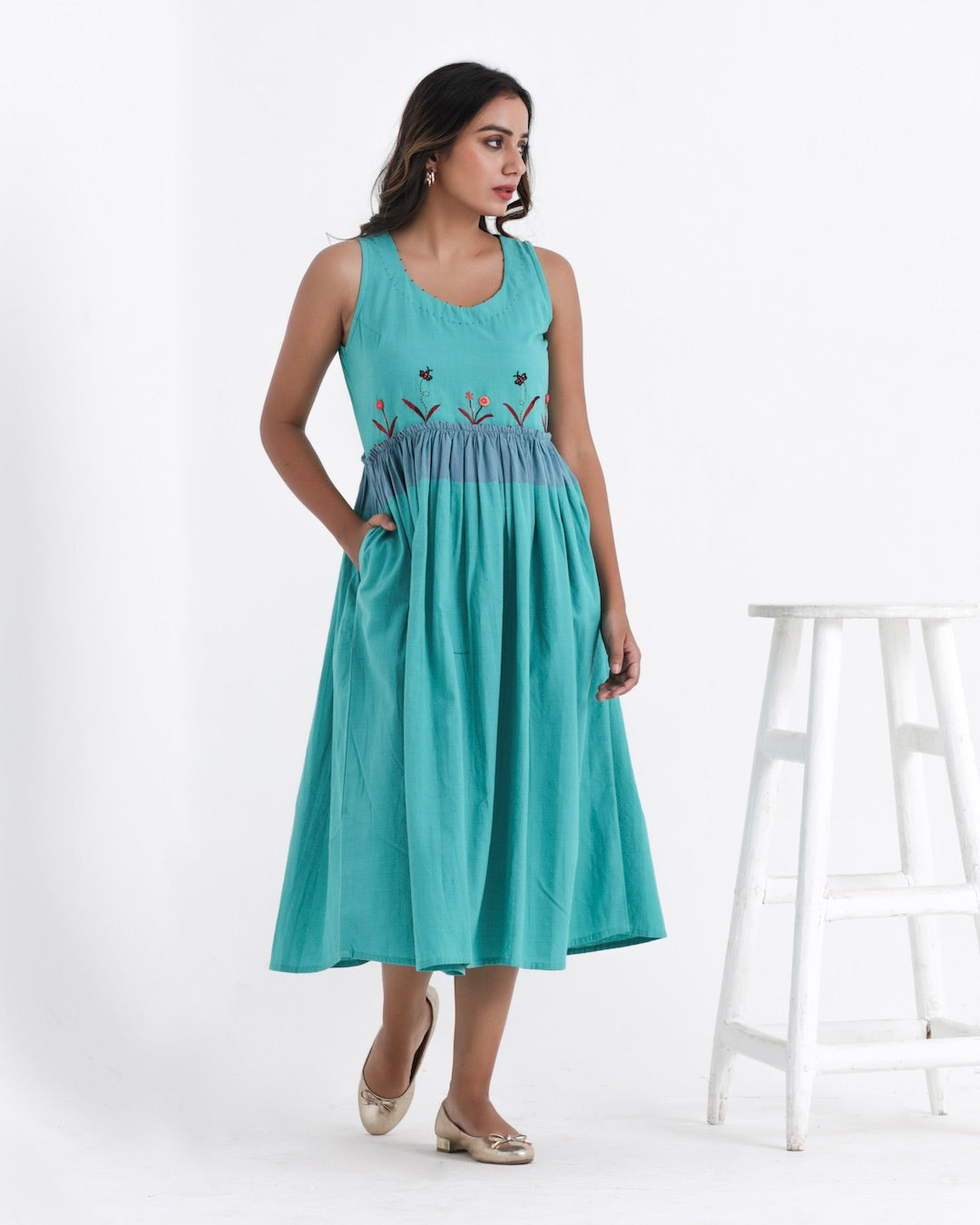 Shop pure cotton Green midi dress from Bebaak: Handmade clothing