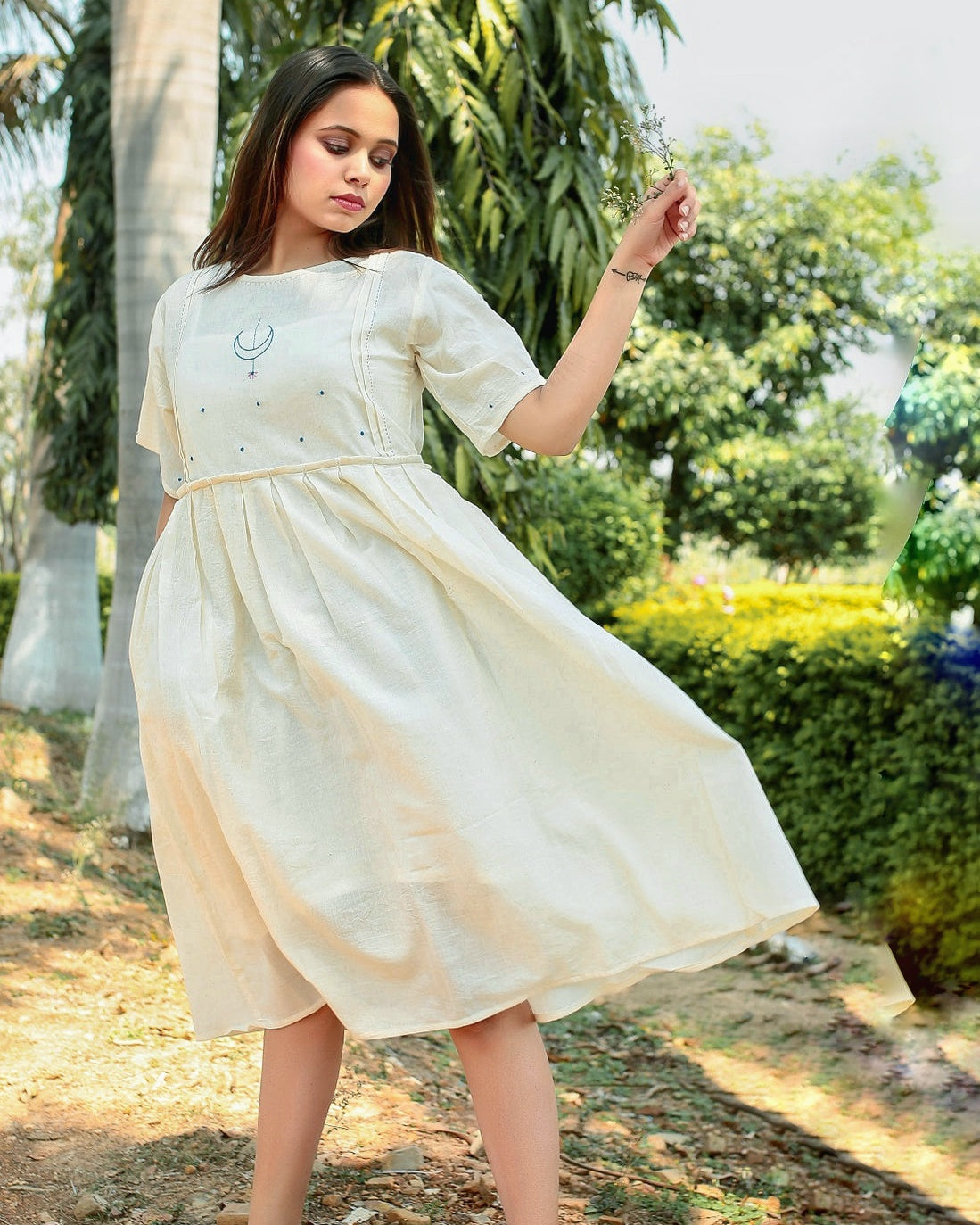Shop Gathered embroidered polka Moon Dress for summer from Bebaak Shop Gathered embroidered polka Moon Dress for summer from Bebaak