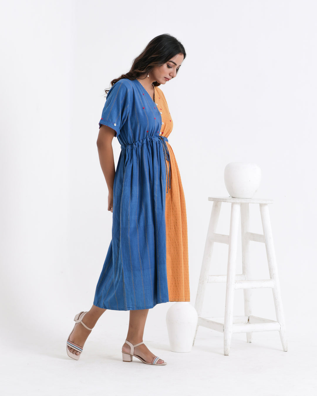 Shop Yellow colour block dress with pocket online at bebaakstudio.com