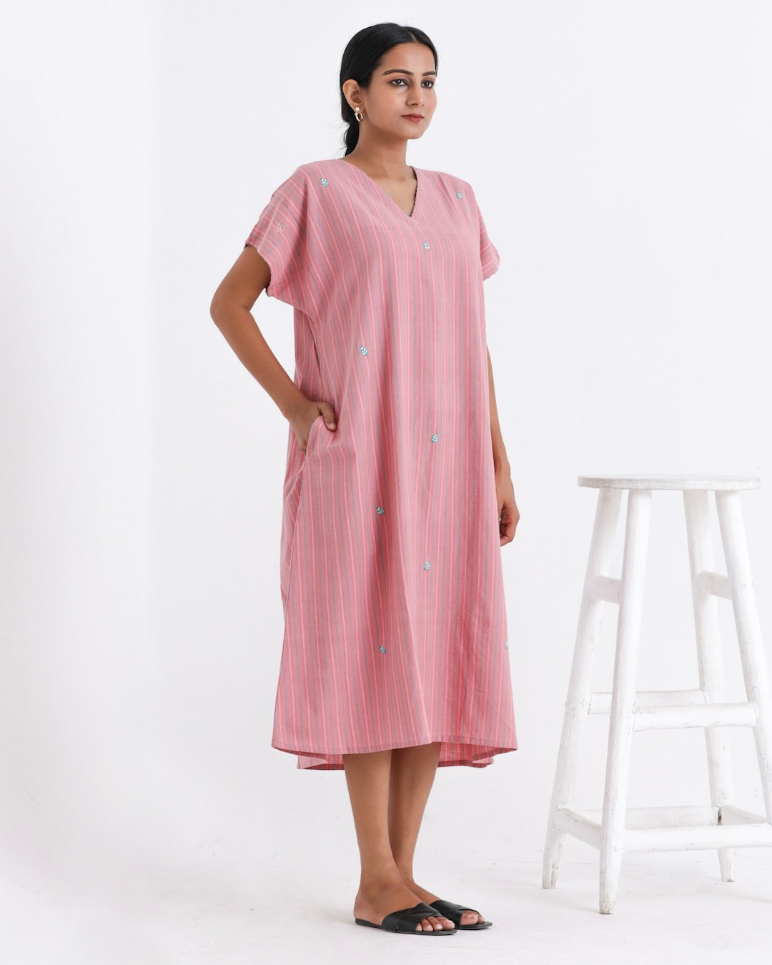 Stripe mauve cotton anti fit embroidered dress for women online at bebaakstudio.com