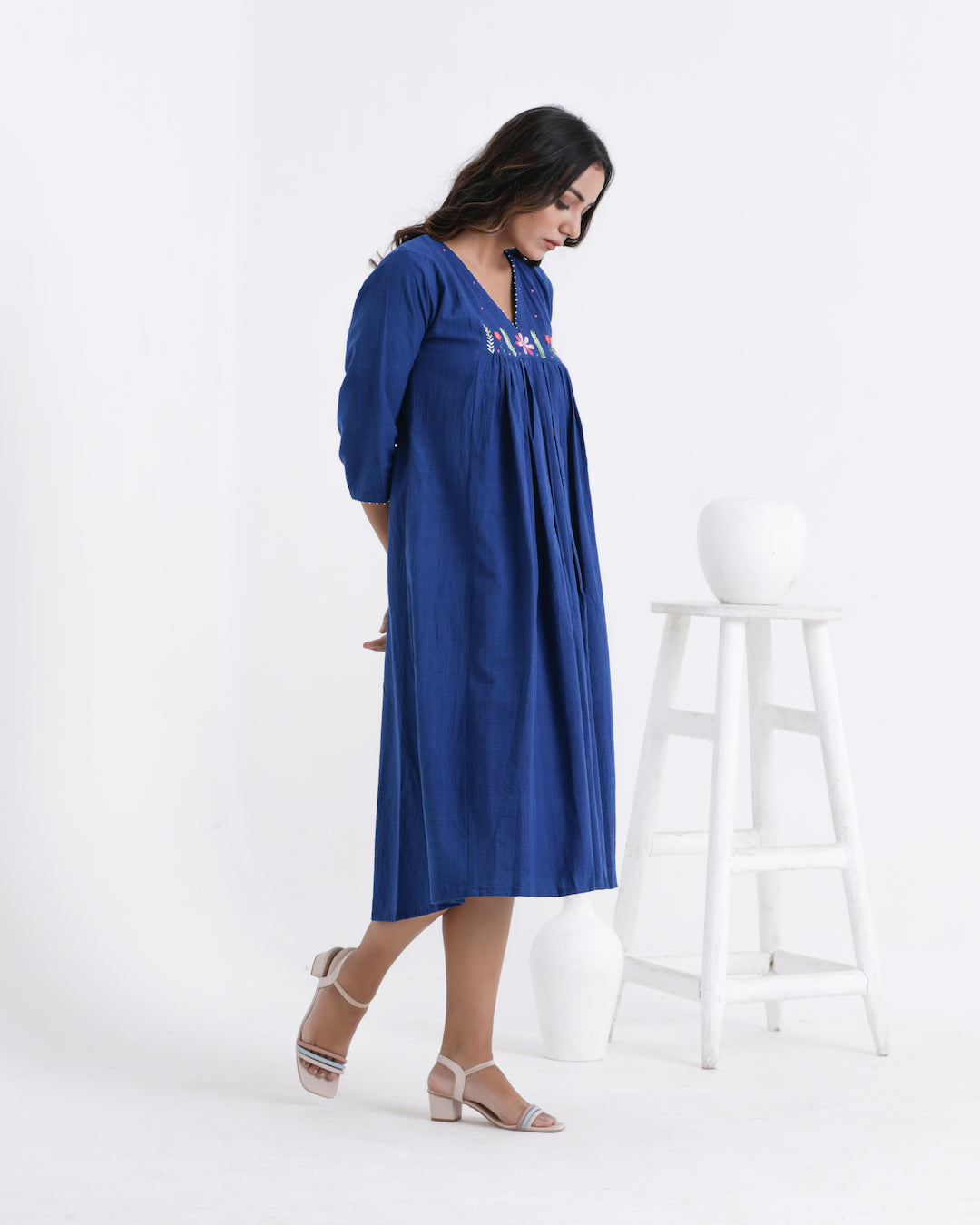 Shop blue embroidered dress from Bebaak