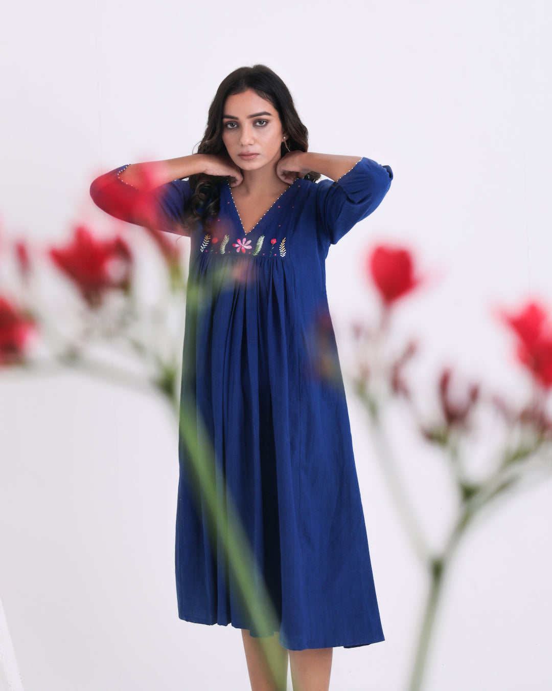 Shop blue embroidered dress from Bebaak