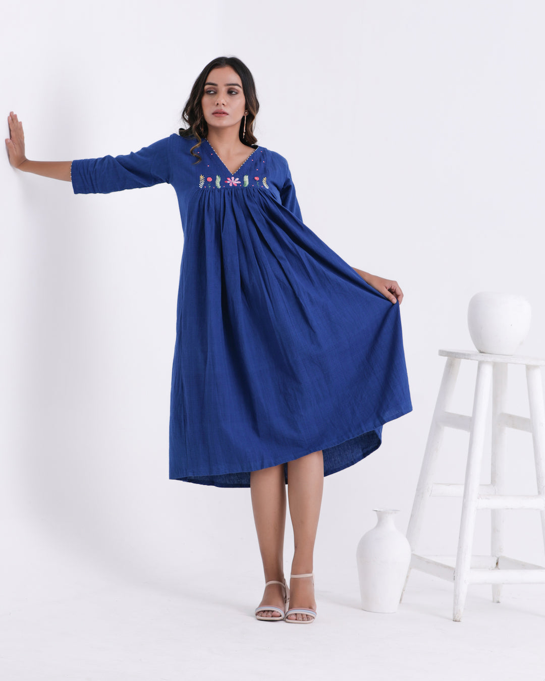 Shop blue embroidered dress from Bebaak