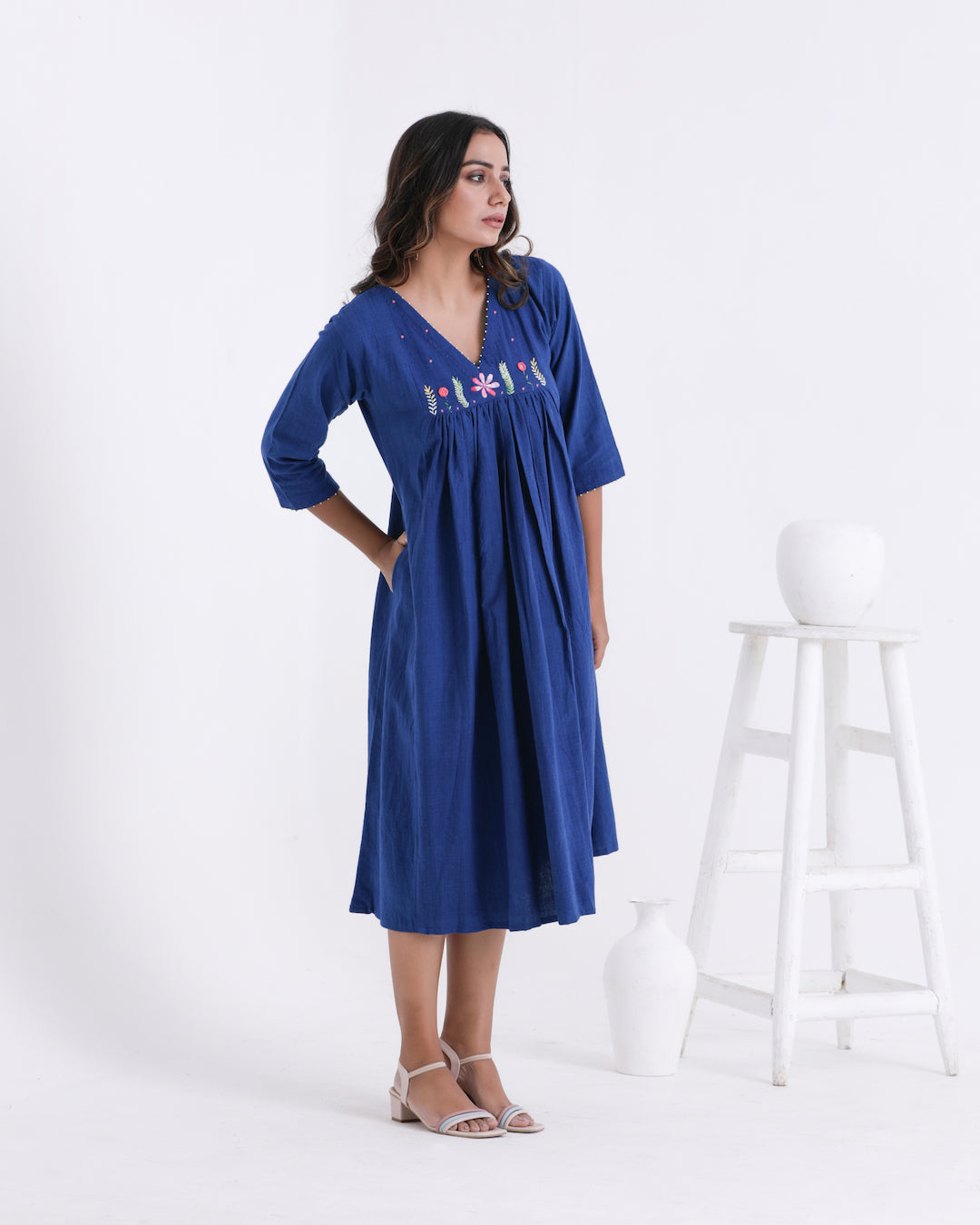 Shop blue embroidered dress from Bebaak