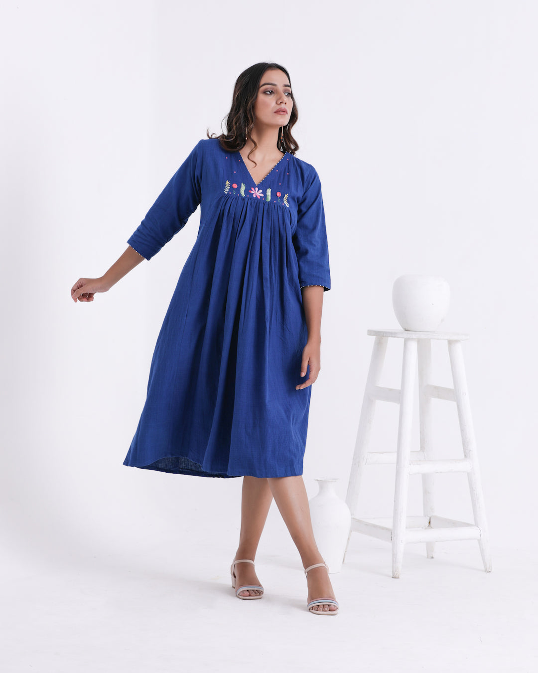 Shop blue embroidered dress from Bebaak