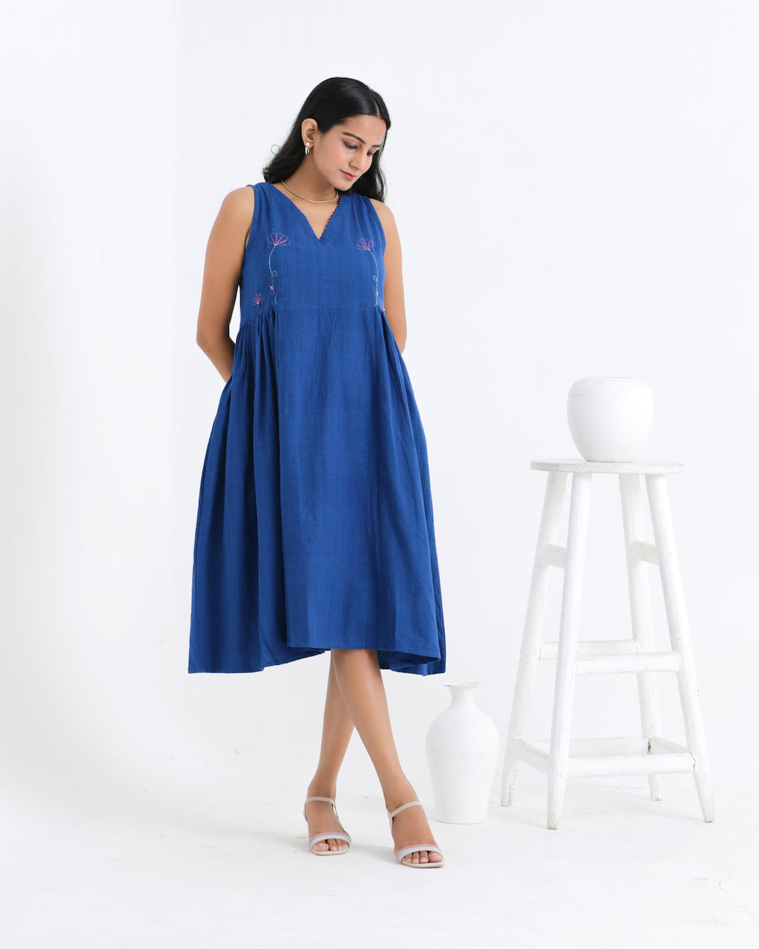 Shop blue embroidered dress from Bebaak