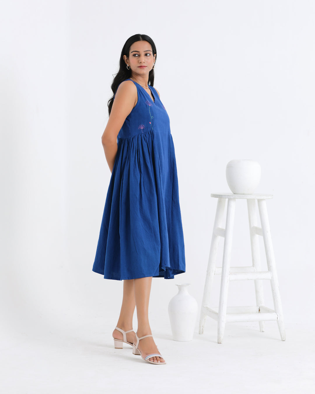 Shop blue embroidered dress from Bebaak