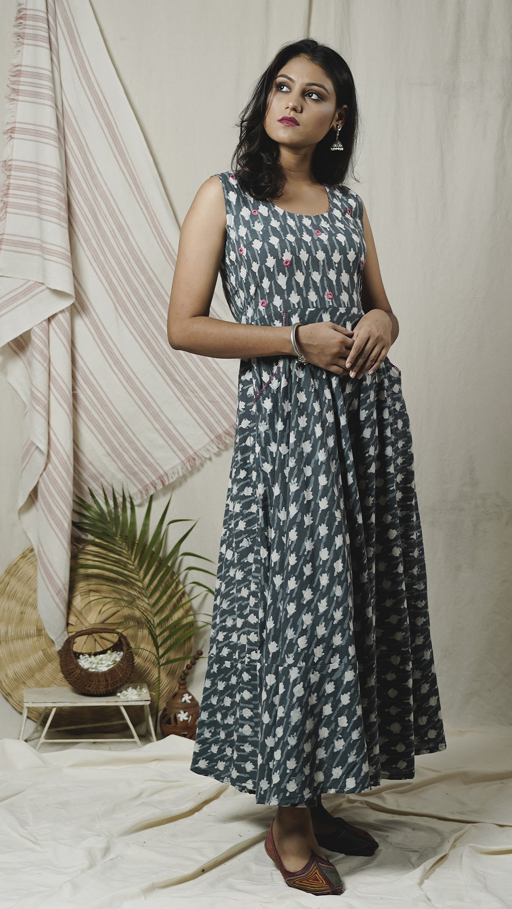 Indigo flared long dress online at bebaakstudio.com