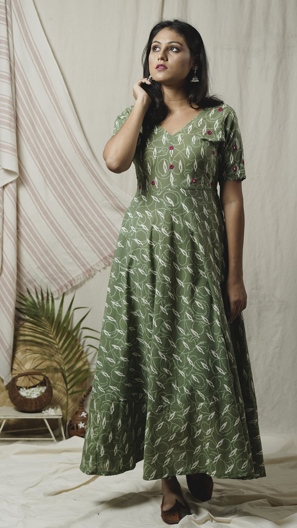 Green block print dress online at bebaakstudio.com