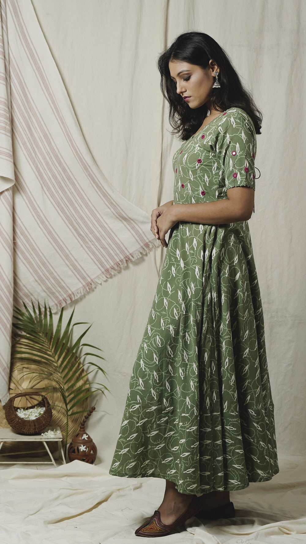 Green block print dress online at bebaakstudio.com