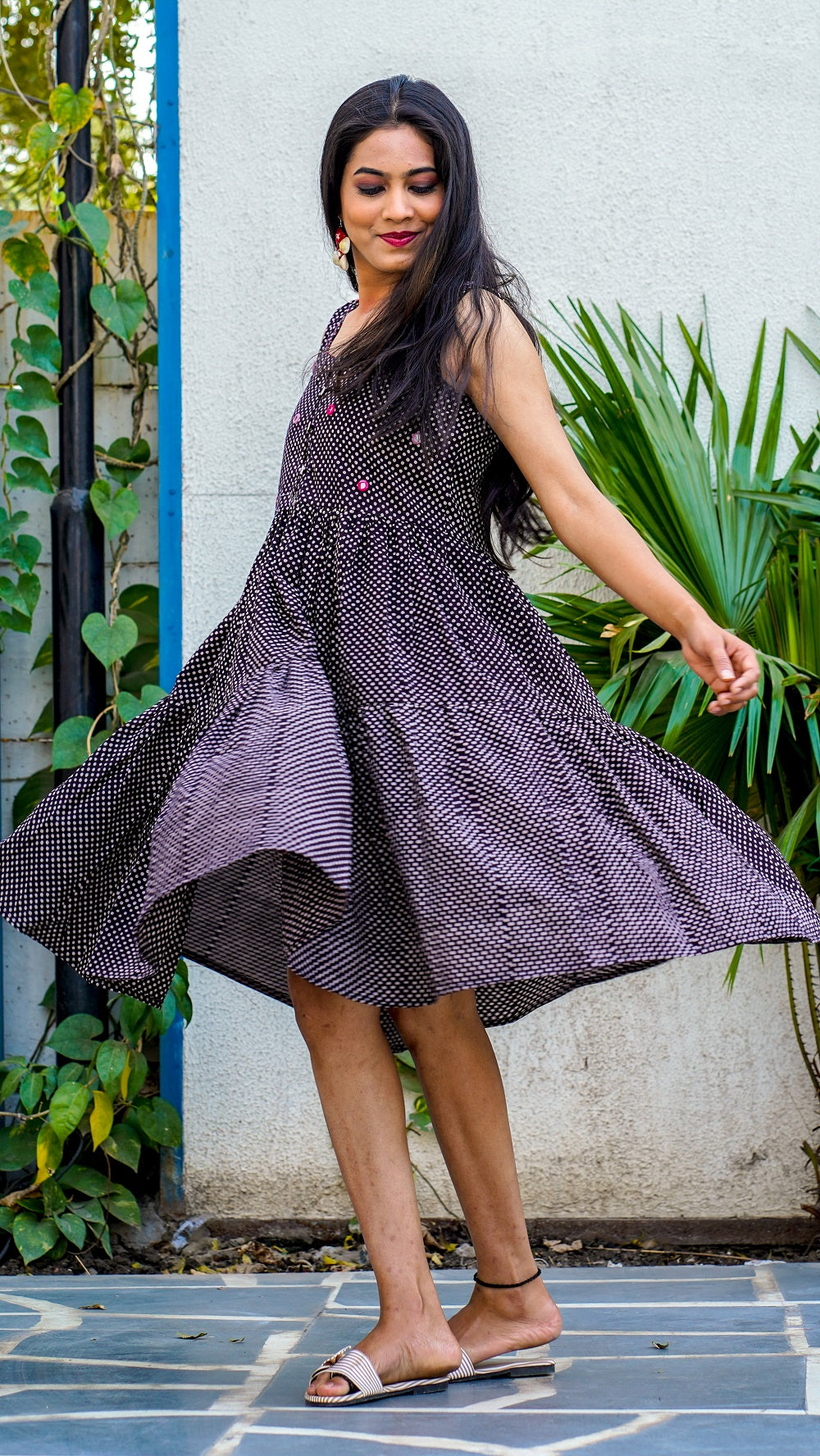 Shop Bagh print black polka tiered dress online at bebaakstudio.com