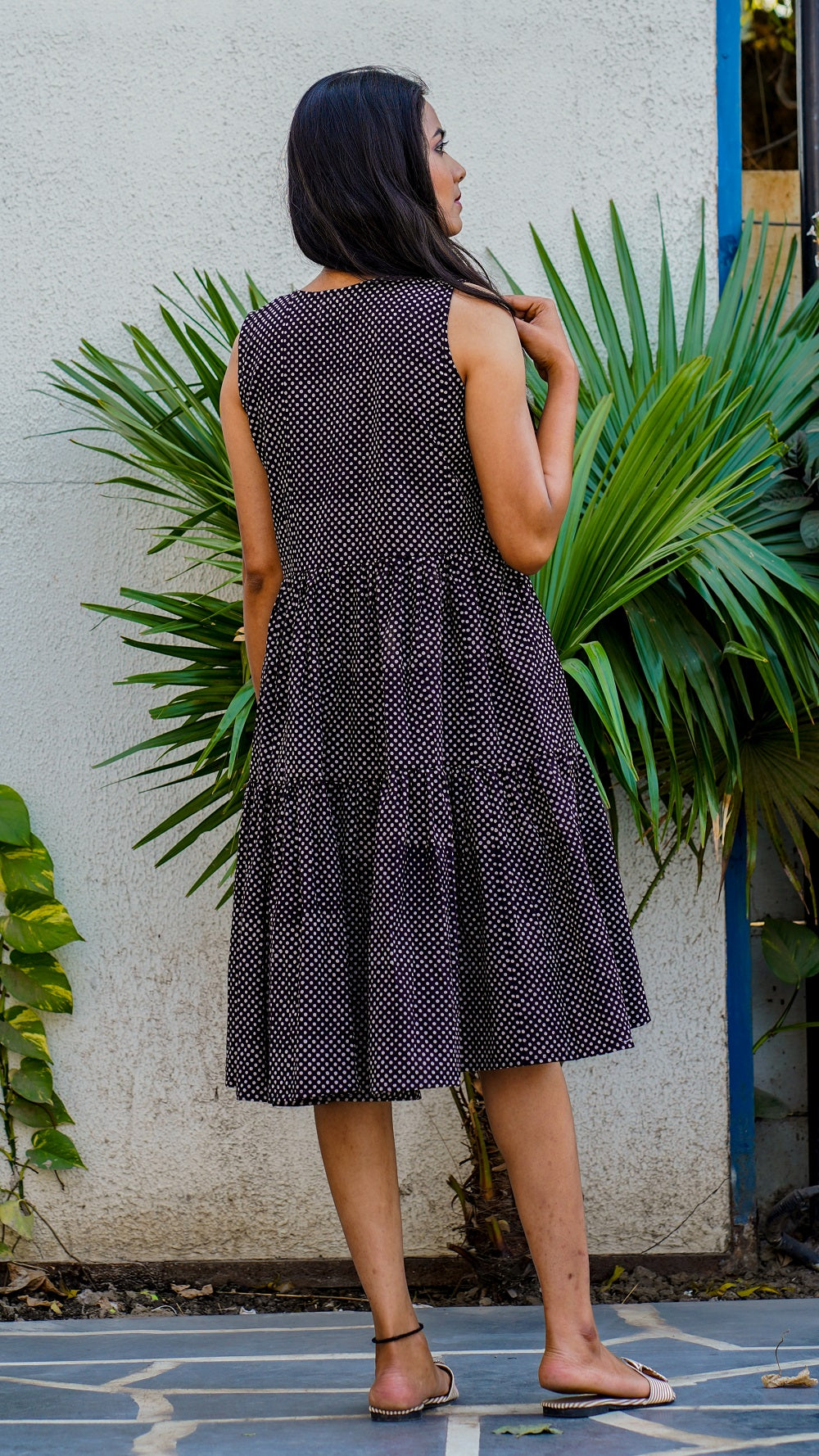 Shop Bagh print black polka tiered dress online at bebaakstudio.com